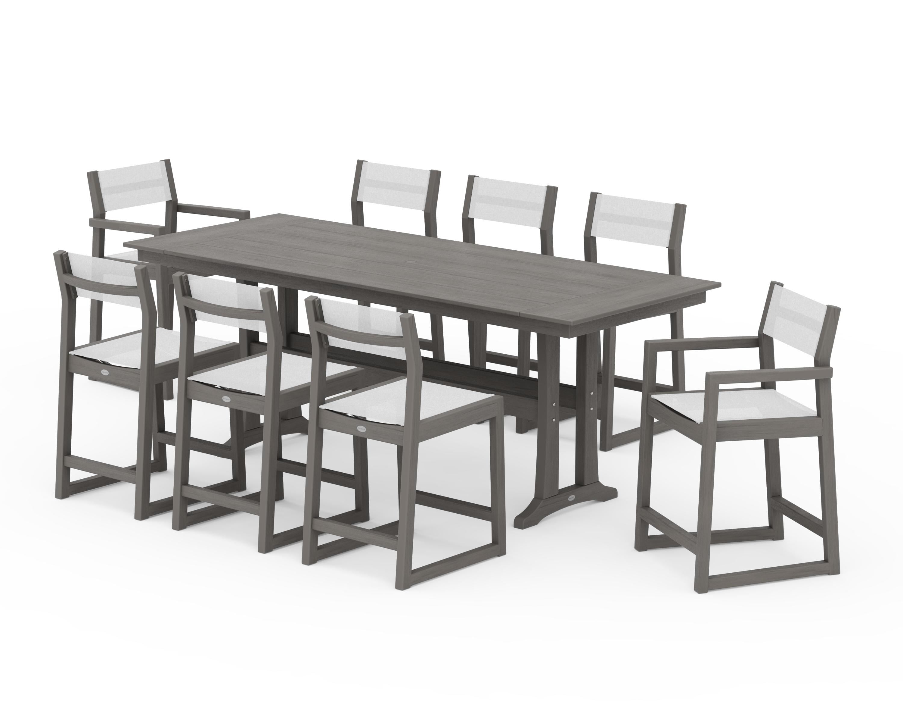 POLYWOOD EDGE Sling 9-Piece Farmhouse Counter Set with Trestle Legs in Driftwood / White Sling