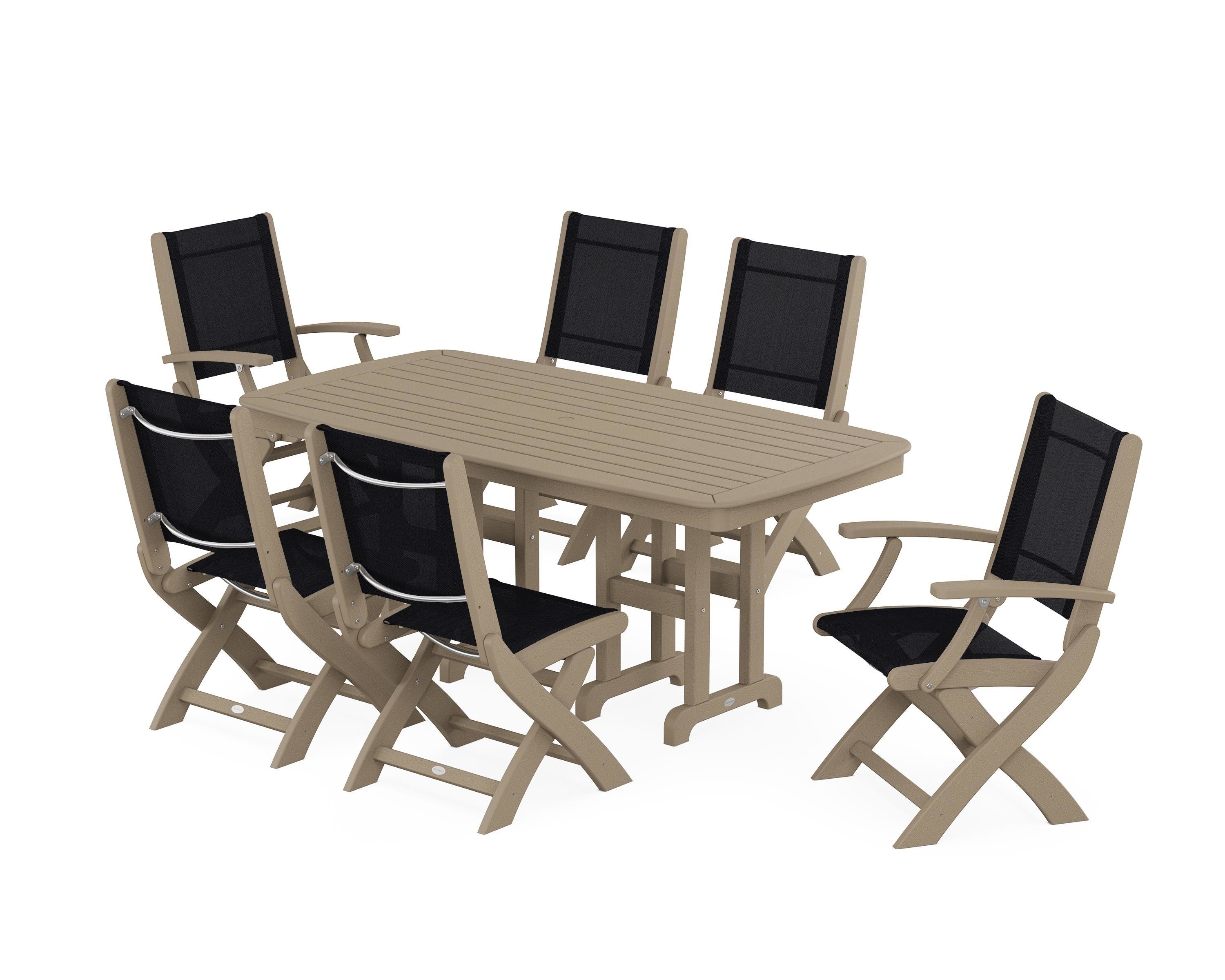 POLYWOOD Coastal Folding Chair 7-Piece Dining Set in Vintage Sahara / Black Sling