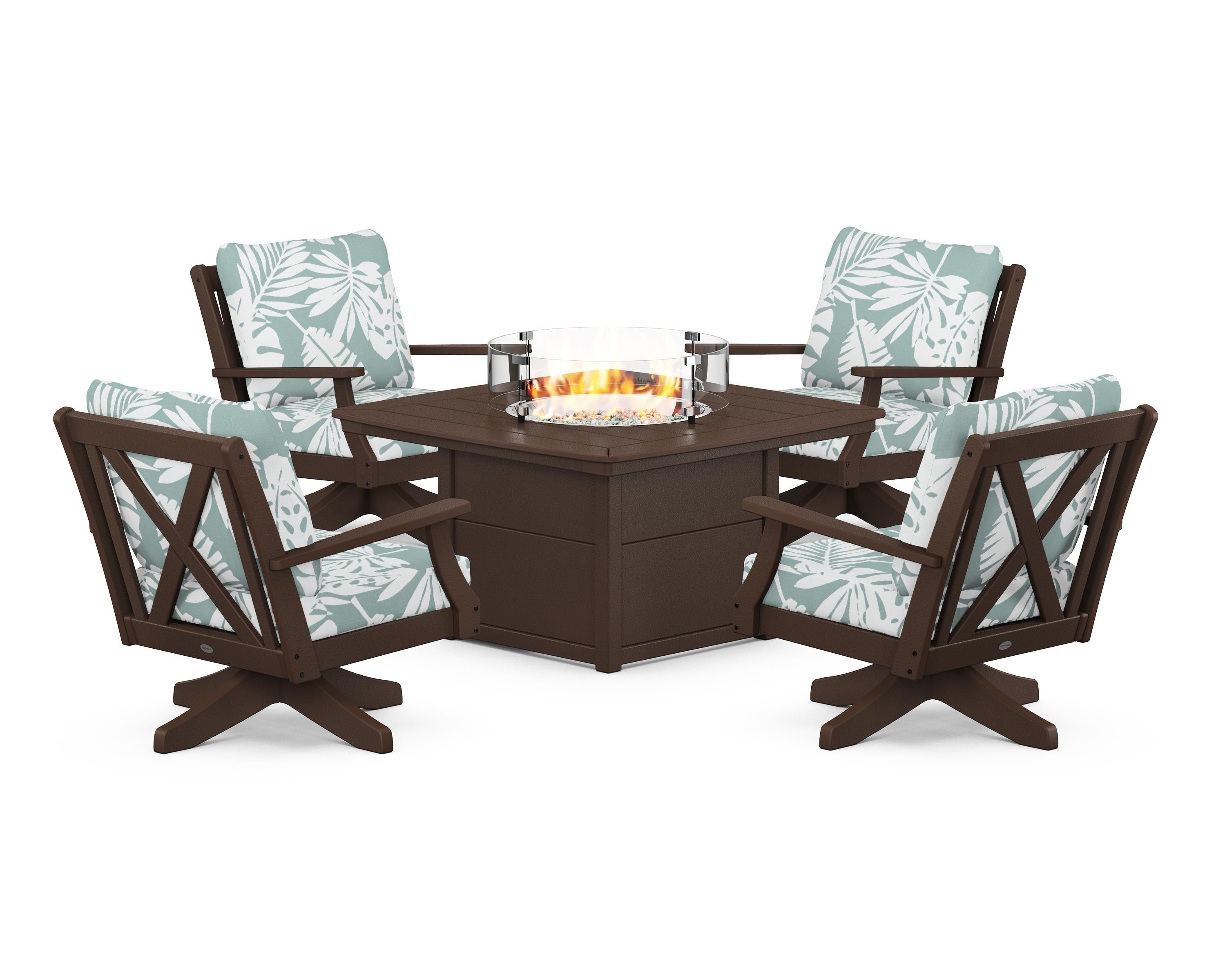 POLYWOOD Braxton 5-Piece Deep Seating Swivel Conversation Set with Fire Pit Table in Mahogany / Leaf Glacier Spa