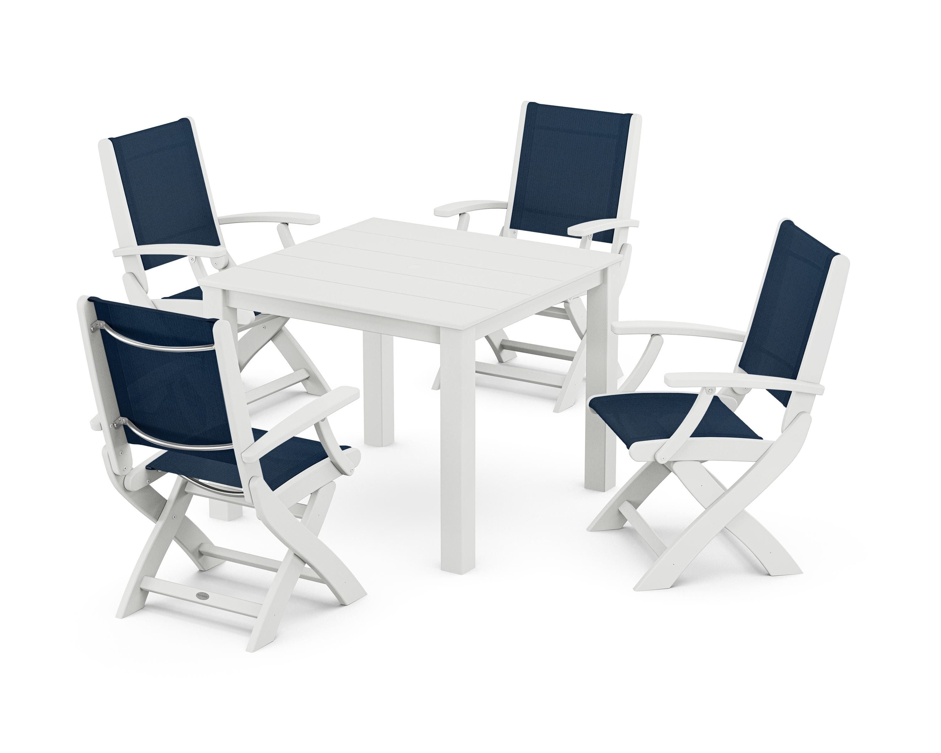 POLYWOOD Coastal Folding Chair 5-Piece Parsons Dining Set in White / Navy Blue Sling