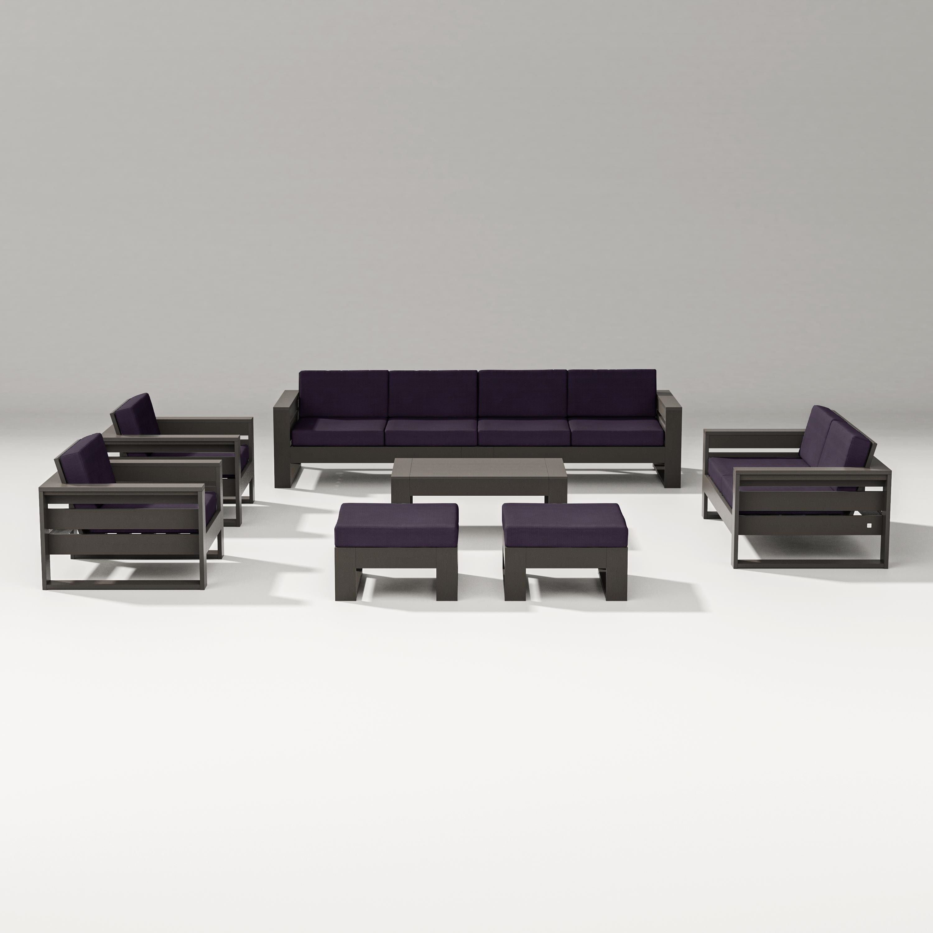 PW Designer Series Latitude 8-Piece Lounge Sofa Set in Vintage Coffee / Navy Linen