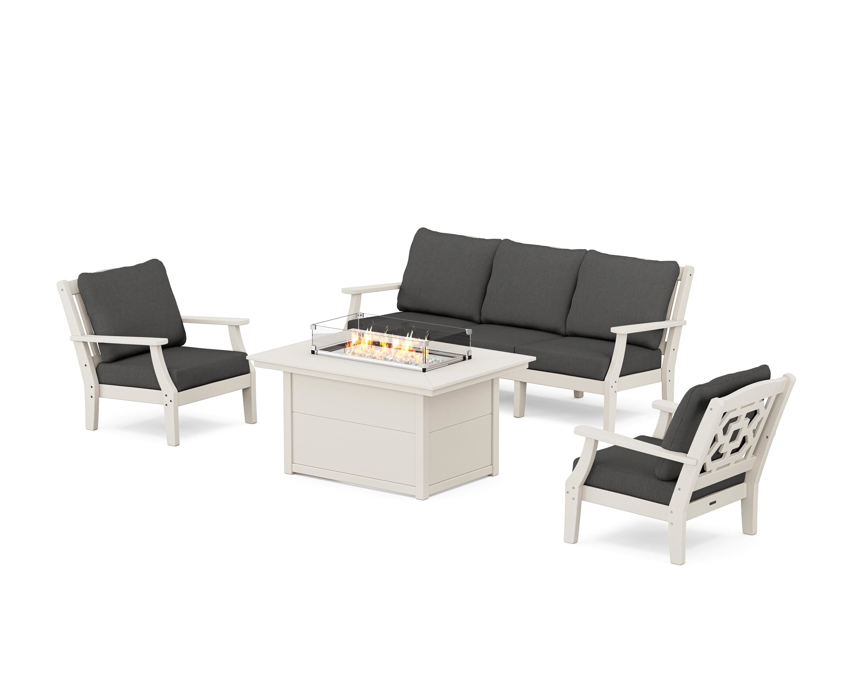 Martha Stewart by POLYWOOD Chinoiserie Deep Seating Fire Pit Table Set in Sand / Spectrum Carbon