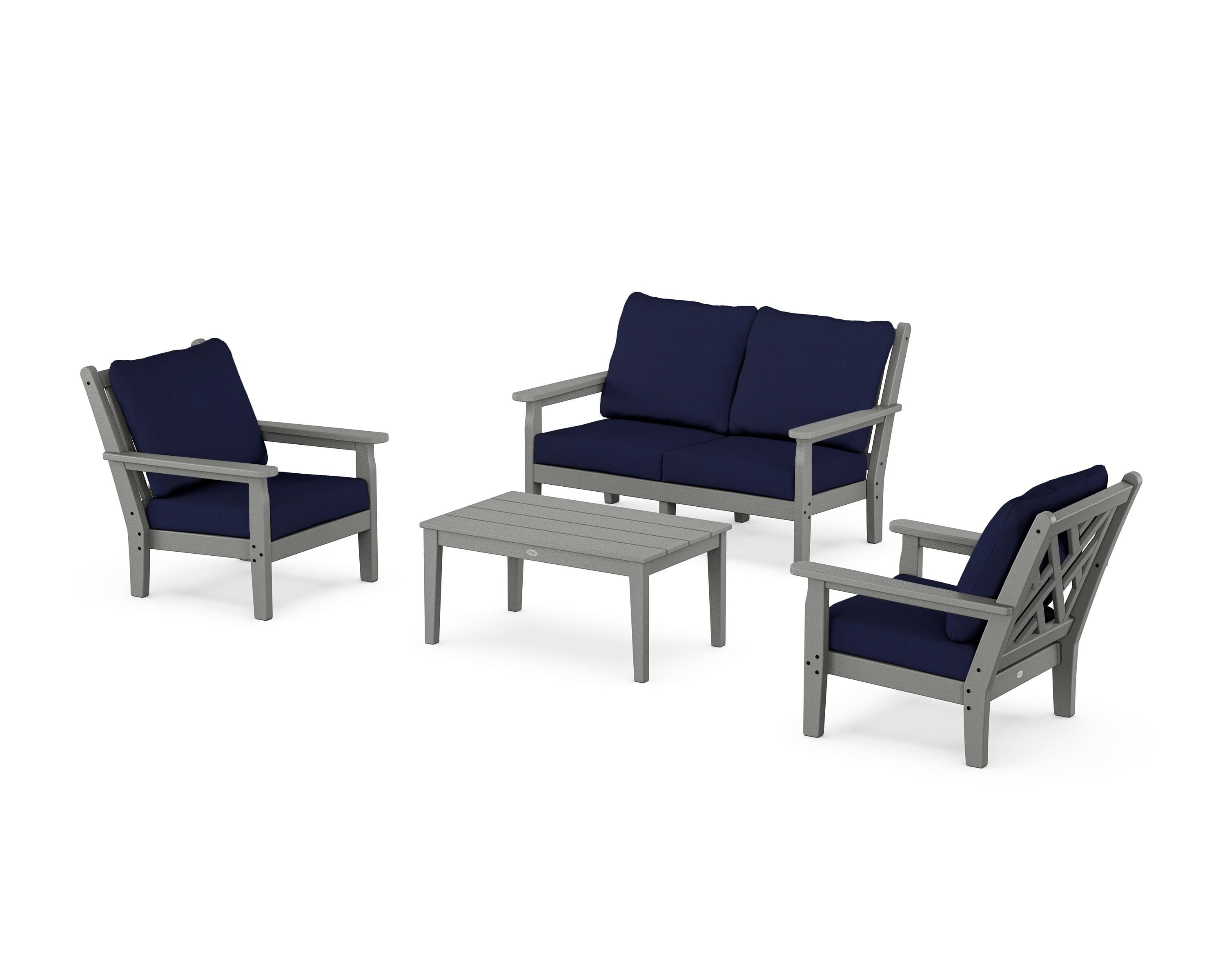 POLYWOOD Chippendale 4-Piece Deep Seating Set with Loveseat in Slate Grey / Navy