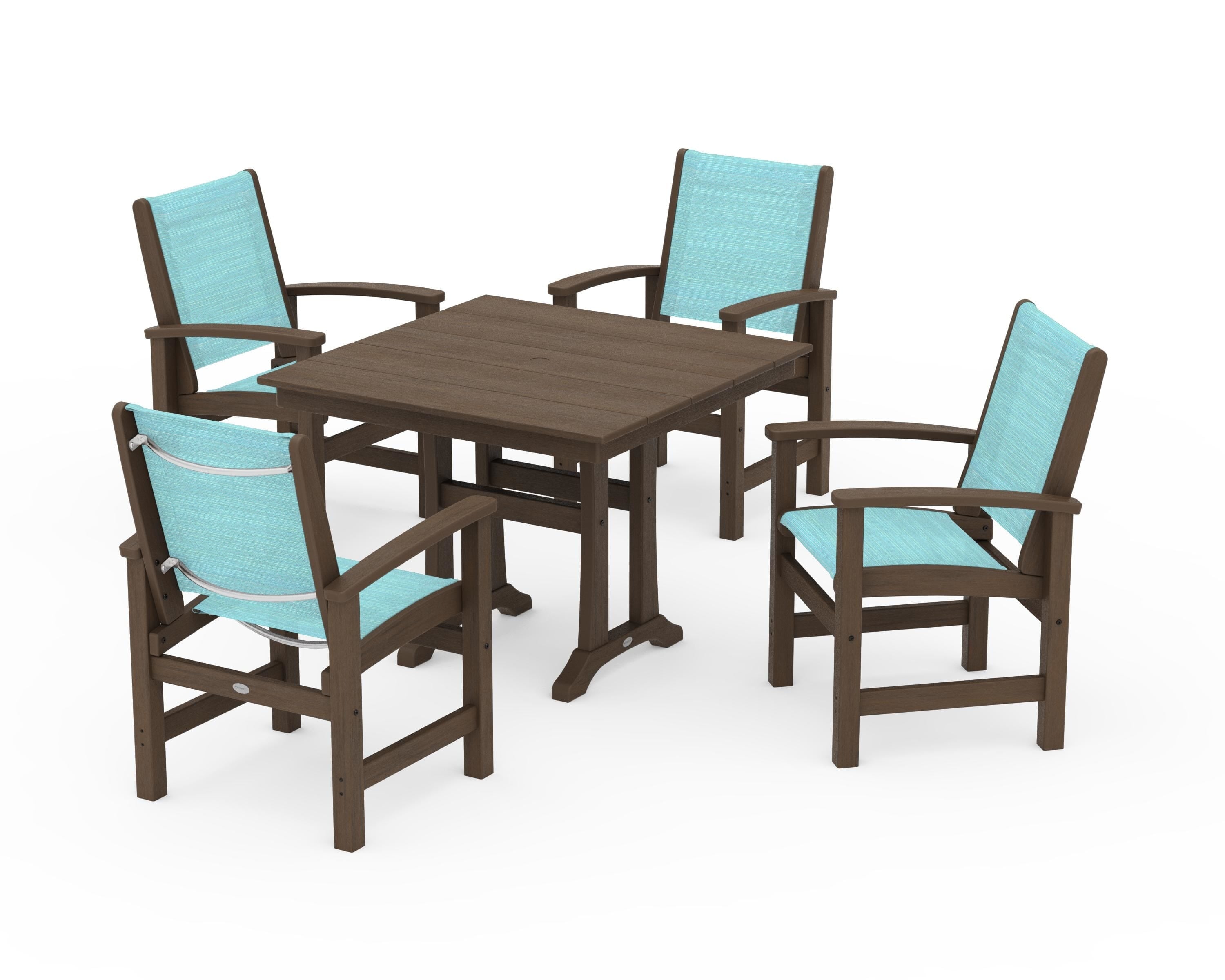 POLYWOOD Coastal 5-Piece Farmhouse Dining Set With Trestle Legs in Kona / Dupioni Aquamarine Sling