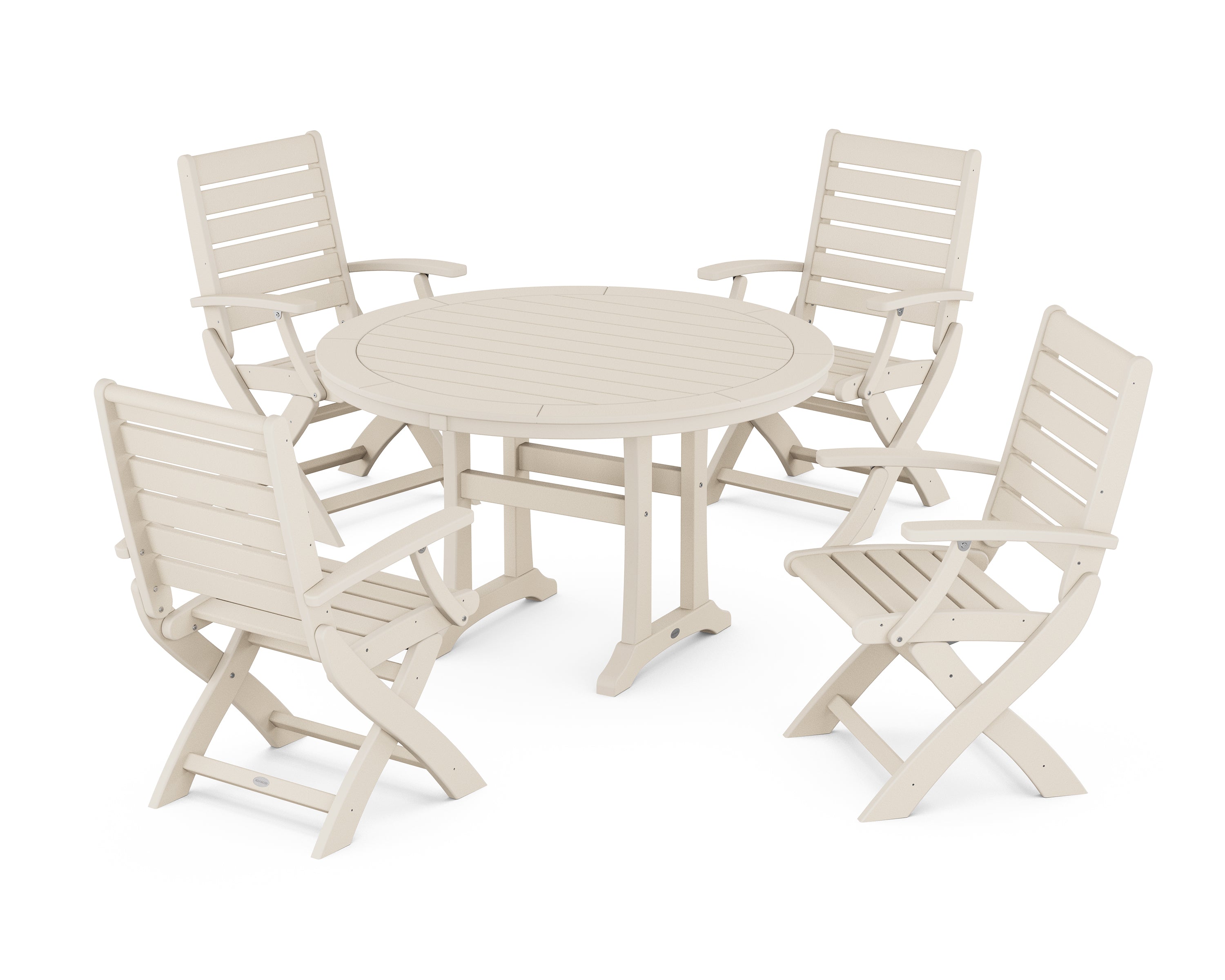 POLYWOOD® Signature Folding Chair 5-Piece Round Dining Set with Trestle Legs in Sand