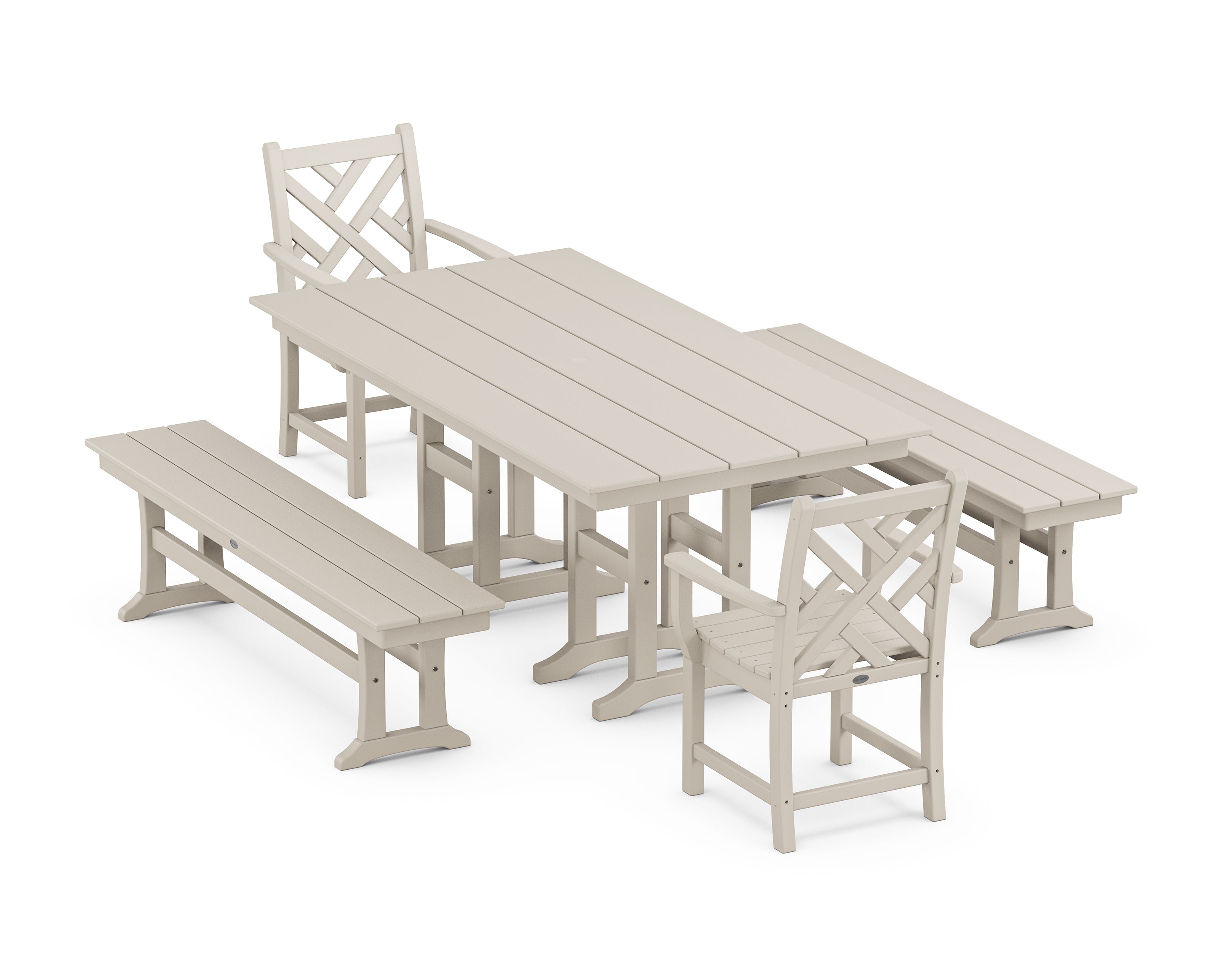 POLYWOOD Chippendale 5-Piece Farmhouse Dining Set with Benches in Sand