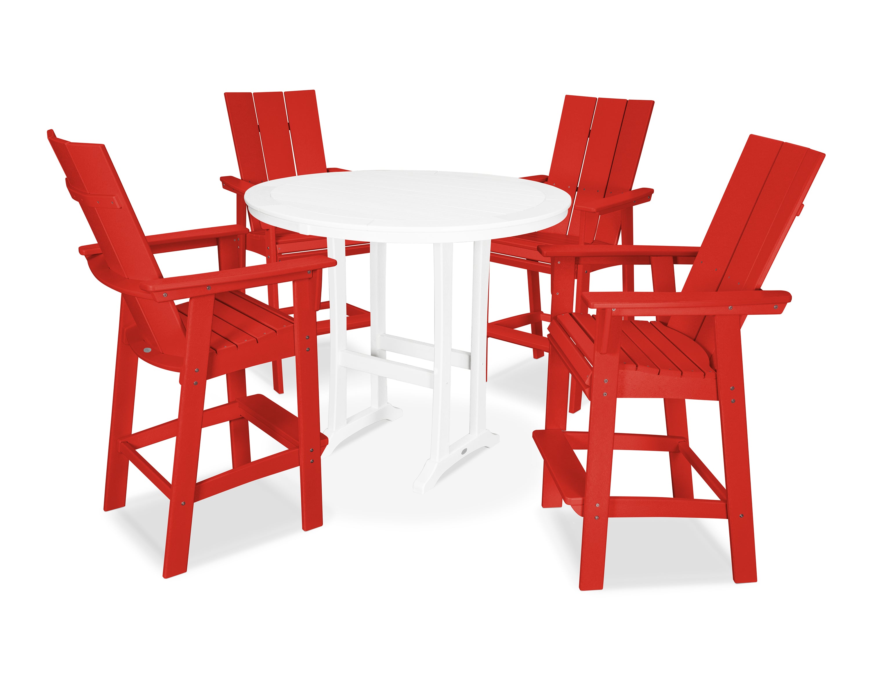 POLYWOOD® Modern Curveback Adirondack 5-Piece Nautical Trestle Bar Set in Sunset Red / White