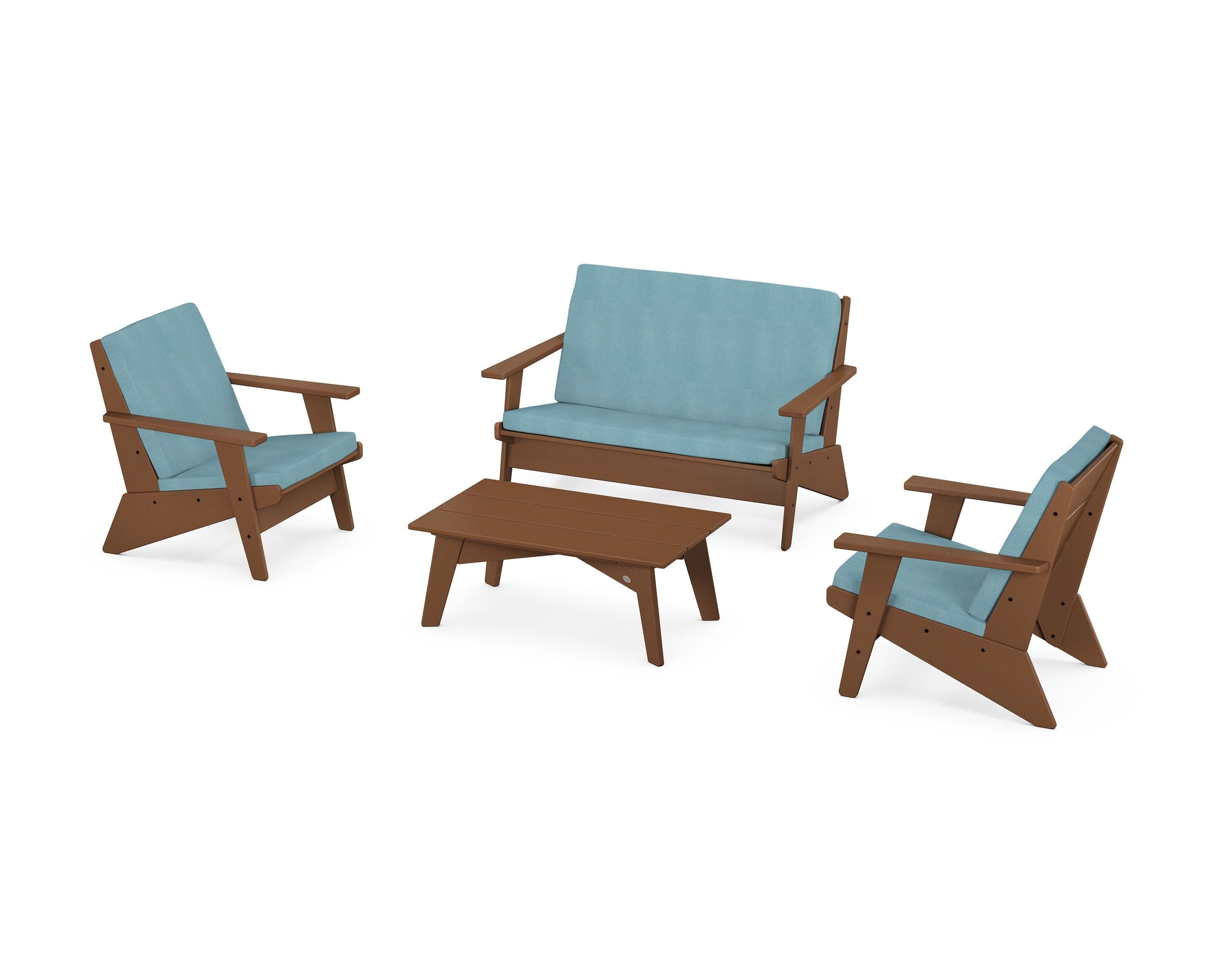 POLYWOOD Riviera Modern Lounge 4-Piece Set in Teak / Lattice Sky Blue