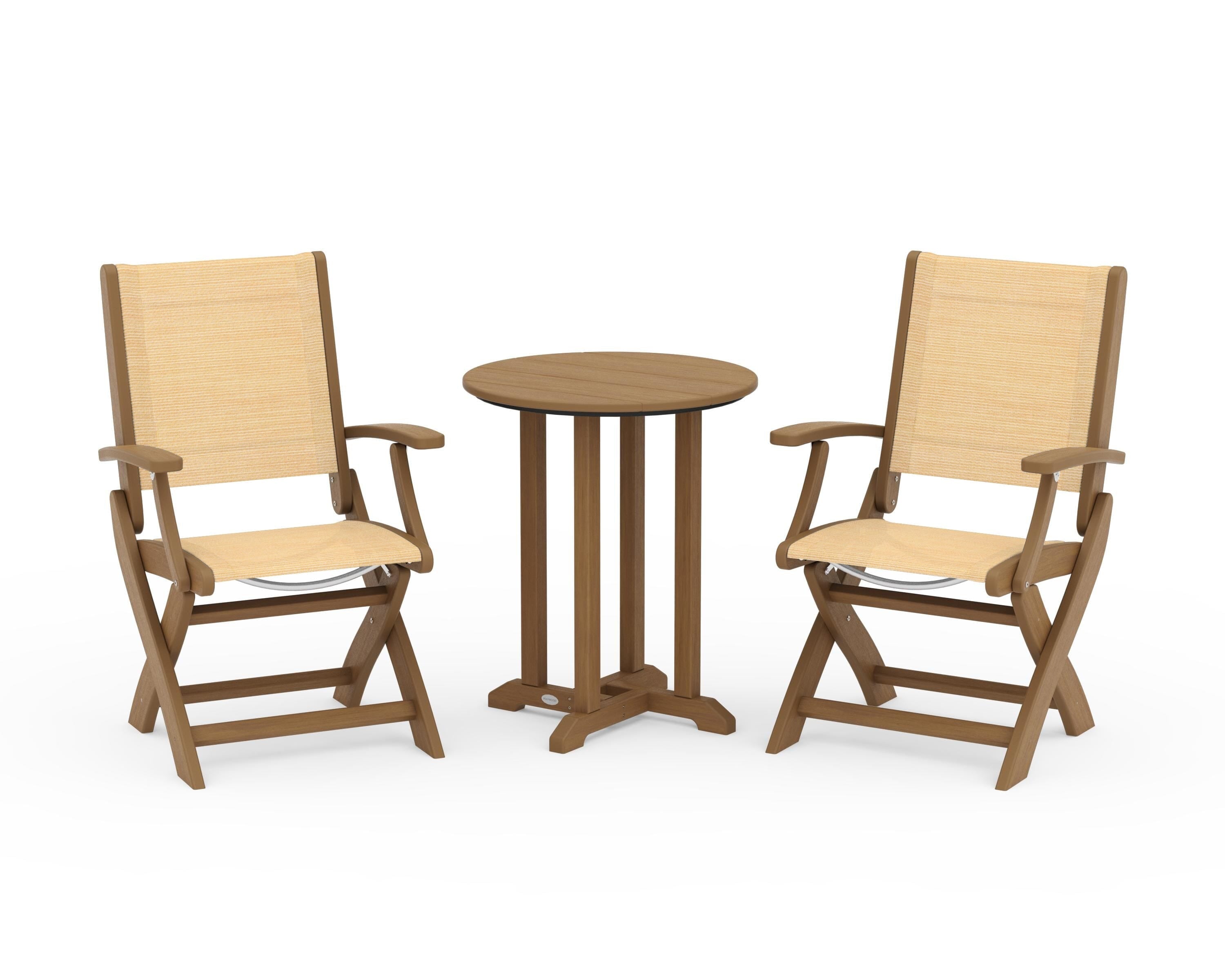 POLYWOOD Coastal Folding 3-Piece Round Bistro Dining Set in Natural / Dupioni Apricot Sling