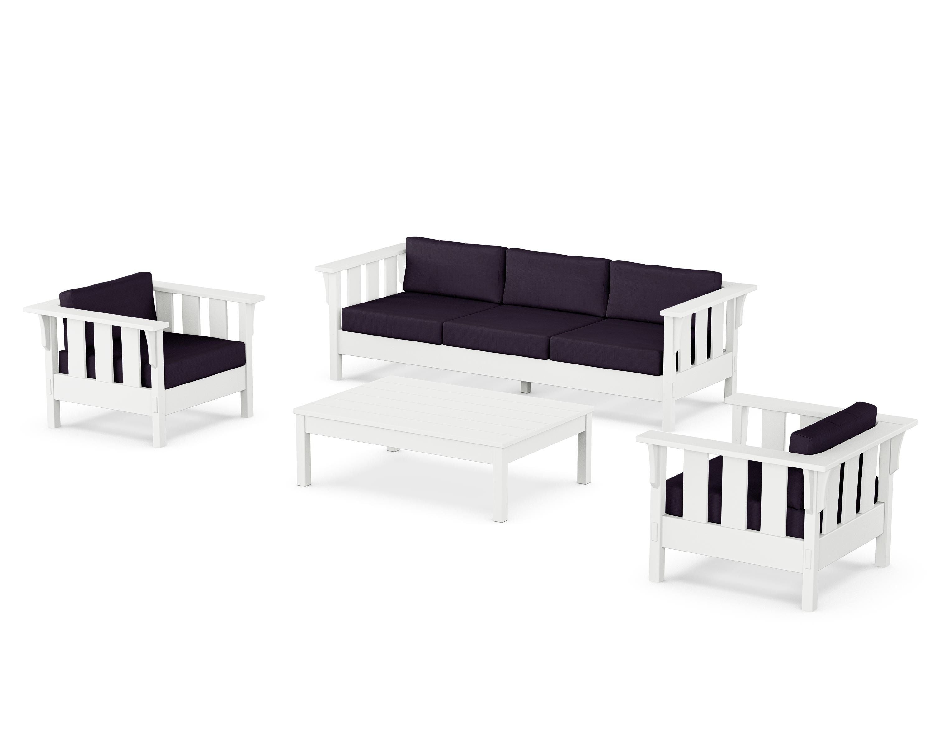 Martha Stewart by POLYWOOD Acadia 4-Piece Deep Seating Set with Sofa in White / Navy Linen