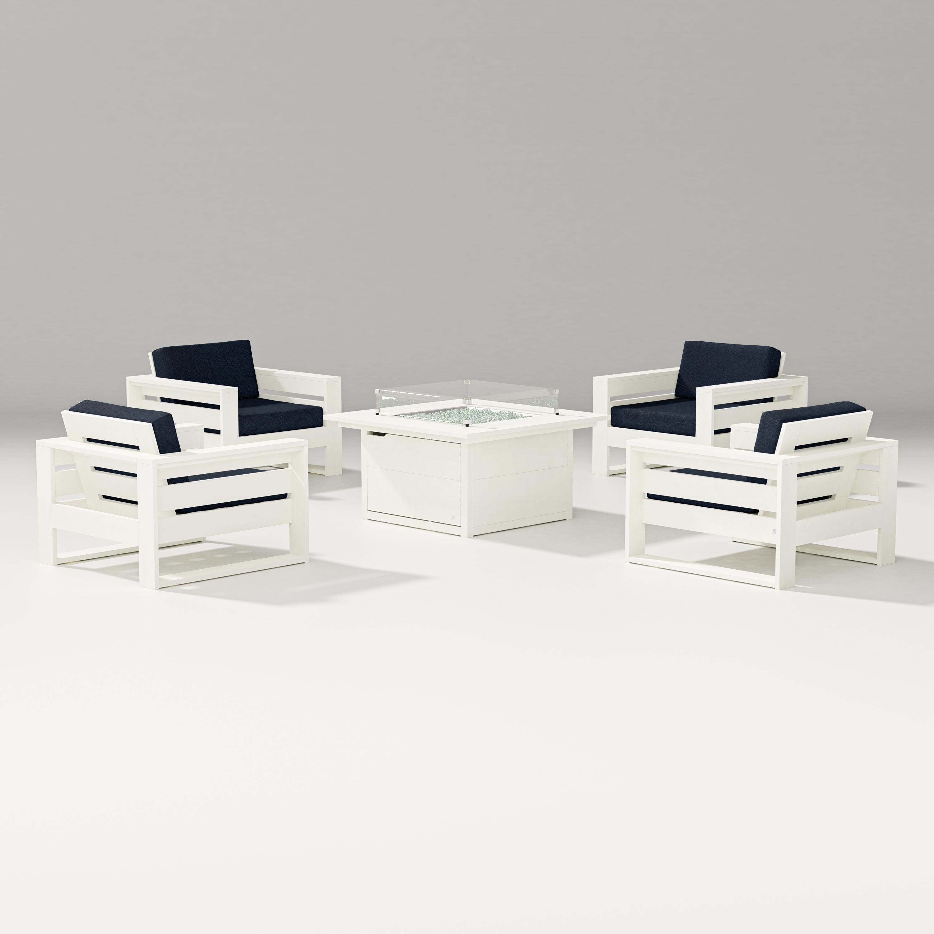 PW Designer Series Latitude 5-Piece Lounge Fire Table Set in Vintage White / Marine Indigo