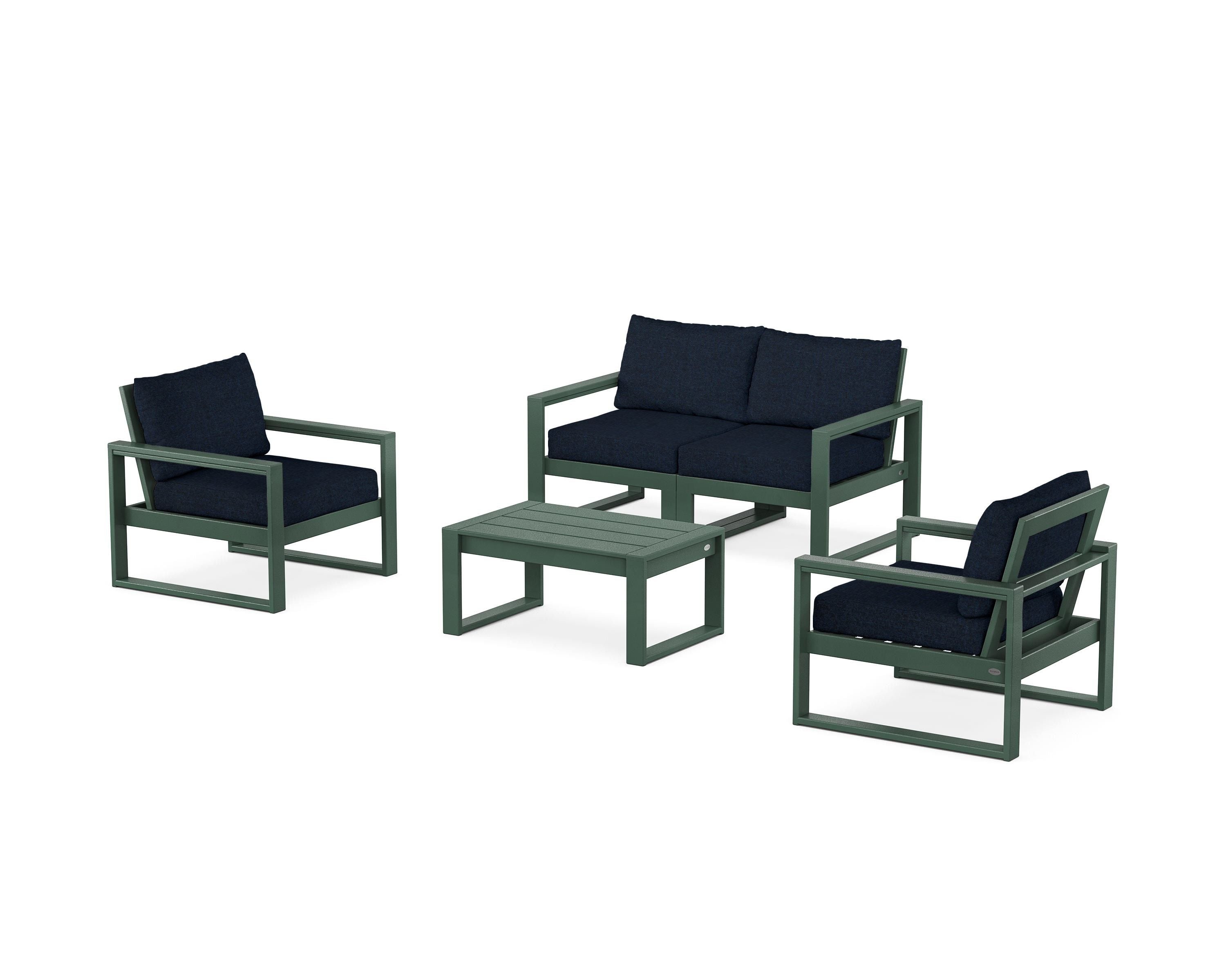 POLYWOOD EDGE Sectional 4-Piece Deep Seating Set with Loveseat in Green / Marine Indigo