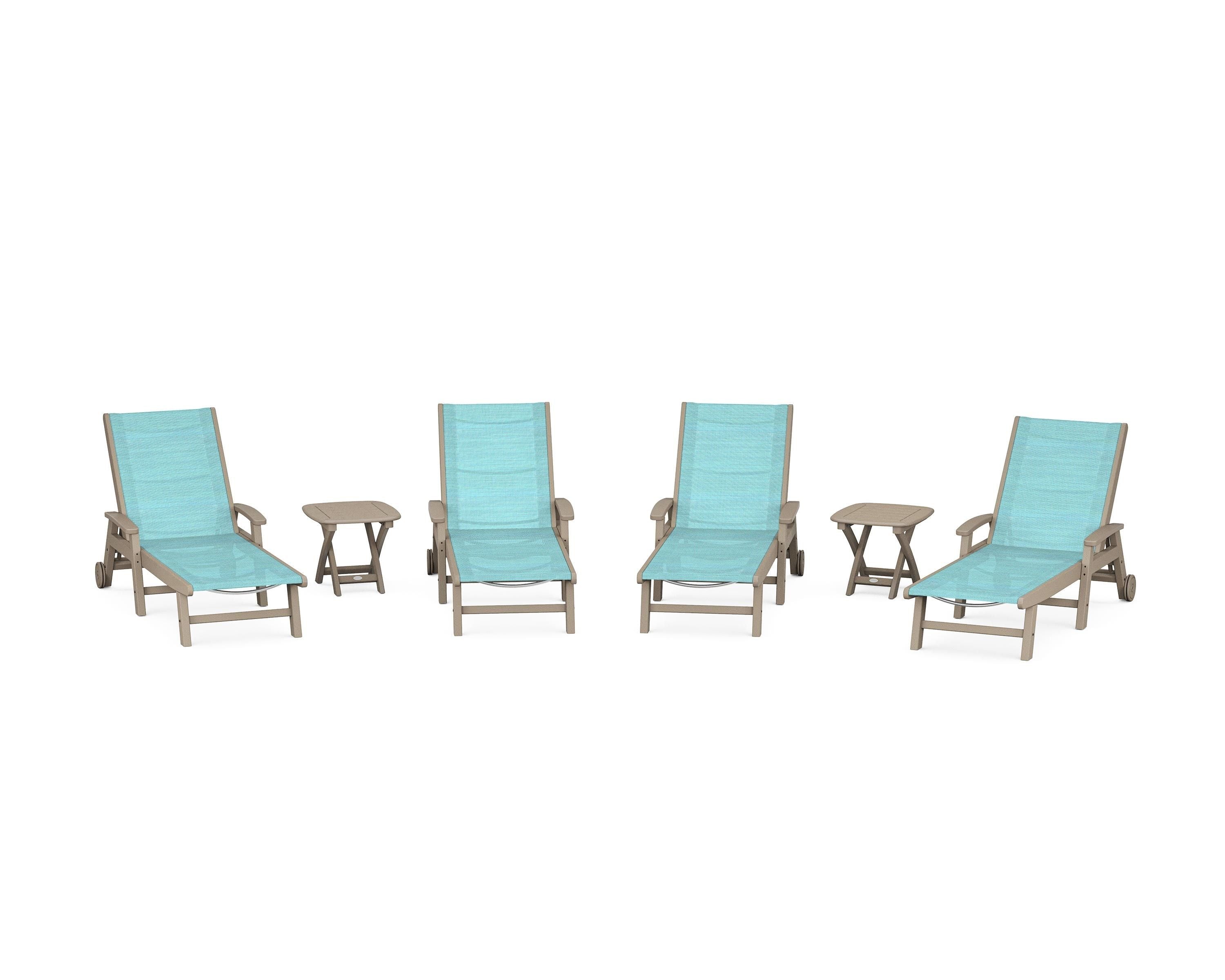 POLYWOOD Coastal Chaise 6-Piece Set with Wheels in Vintage Sahara / Dupioni Aquamarine Sling