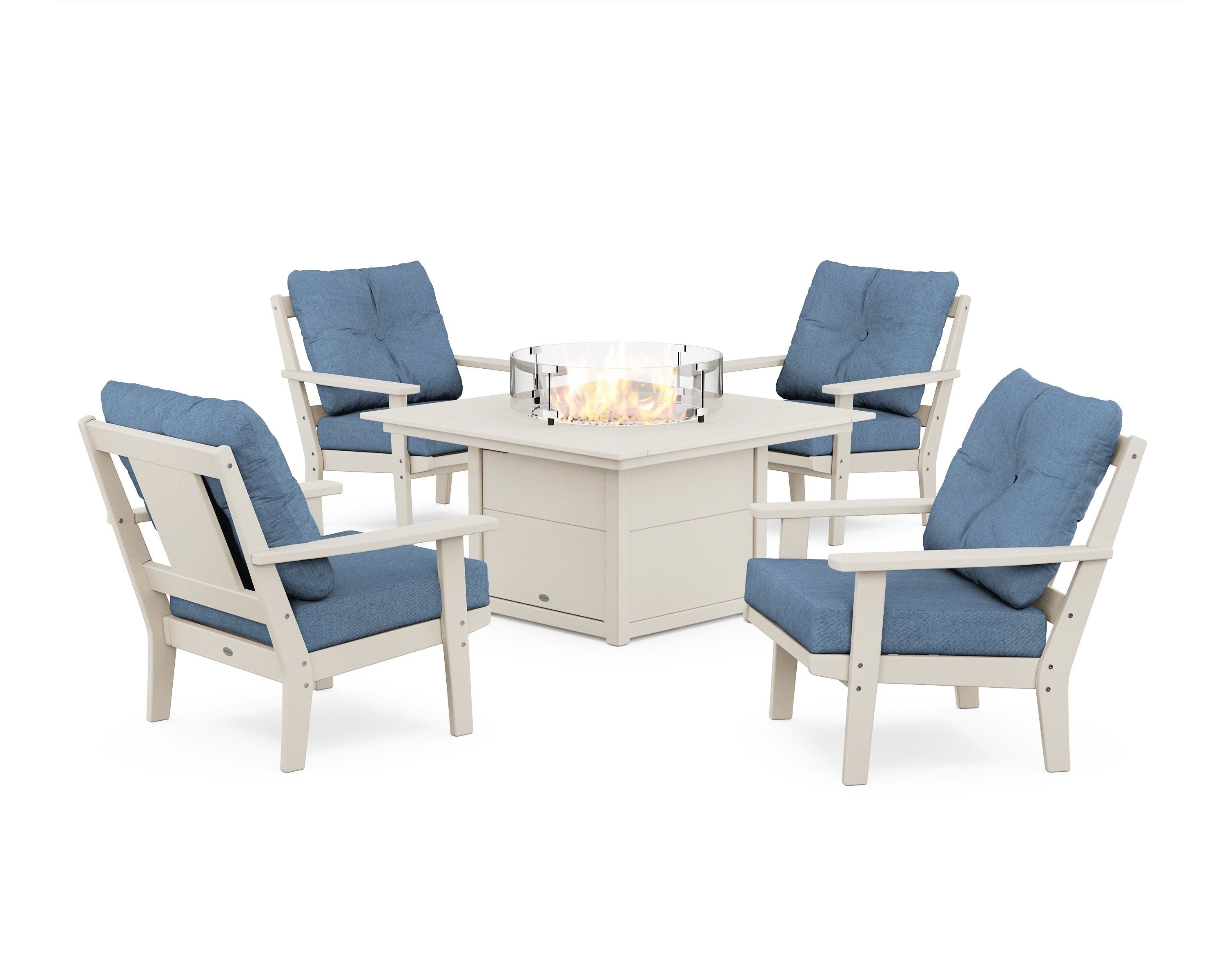 POLYWOOD Prairie 5-Piece Deep Seating Set with Fire Pit Table in Sand / Sky Blue