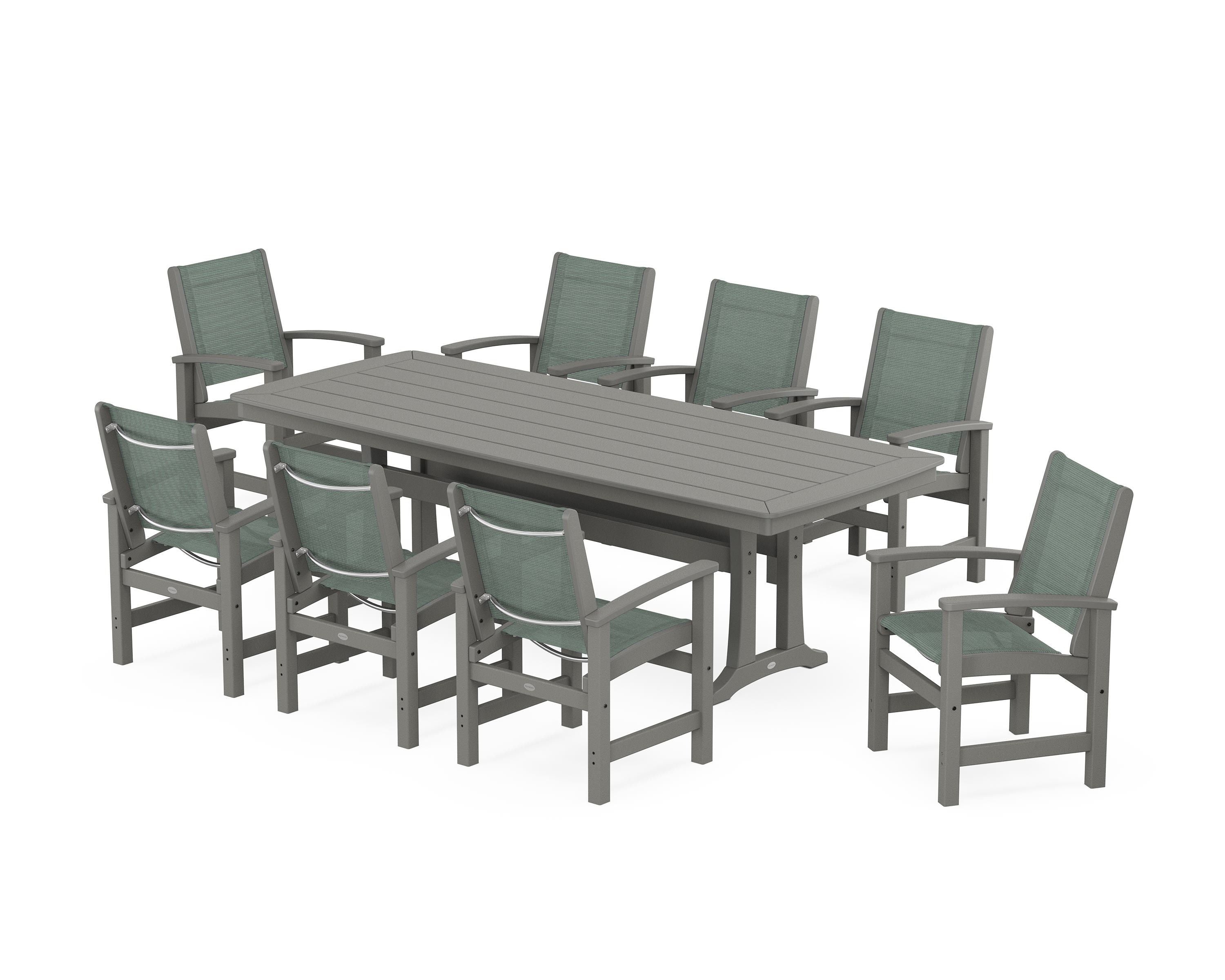 POLYWOOD Coastal 9-Piece Dining Set with Trestle Legs in Slate Grey / Dupioni Sea Mist Sling