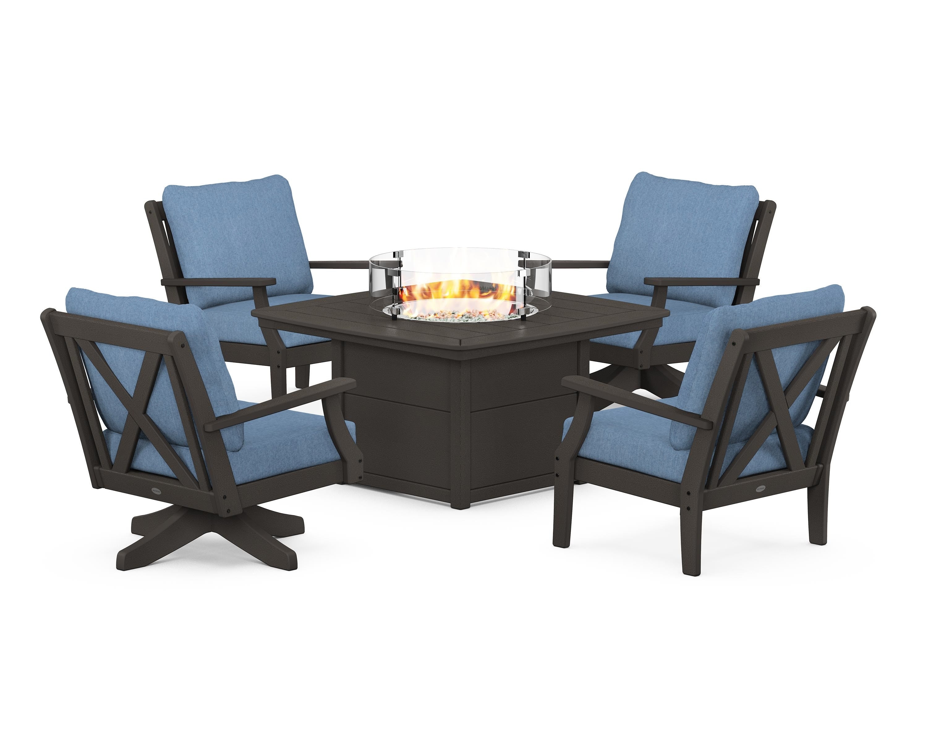 POLYWOOD Braxton 5-Piece Deep Seating Set with Fire Table in Vintage Coffee / Sky Blue