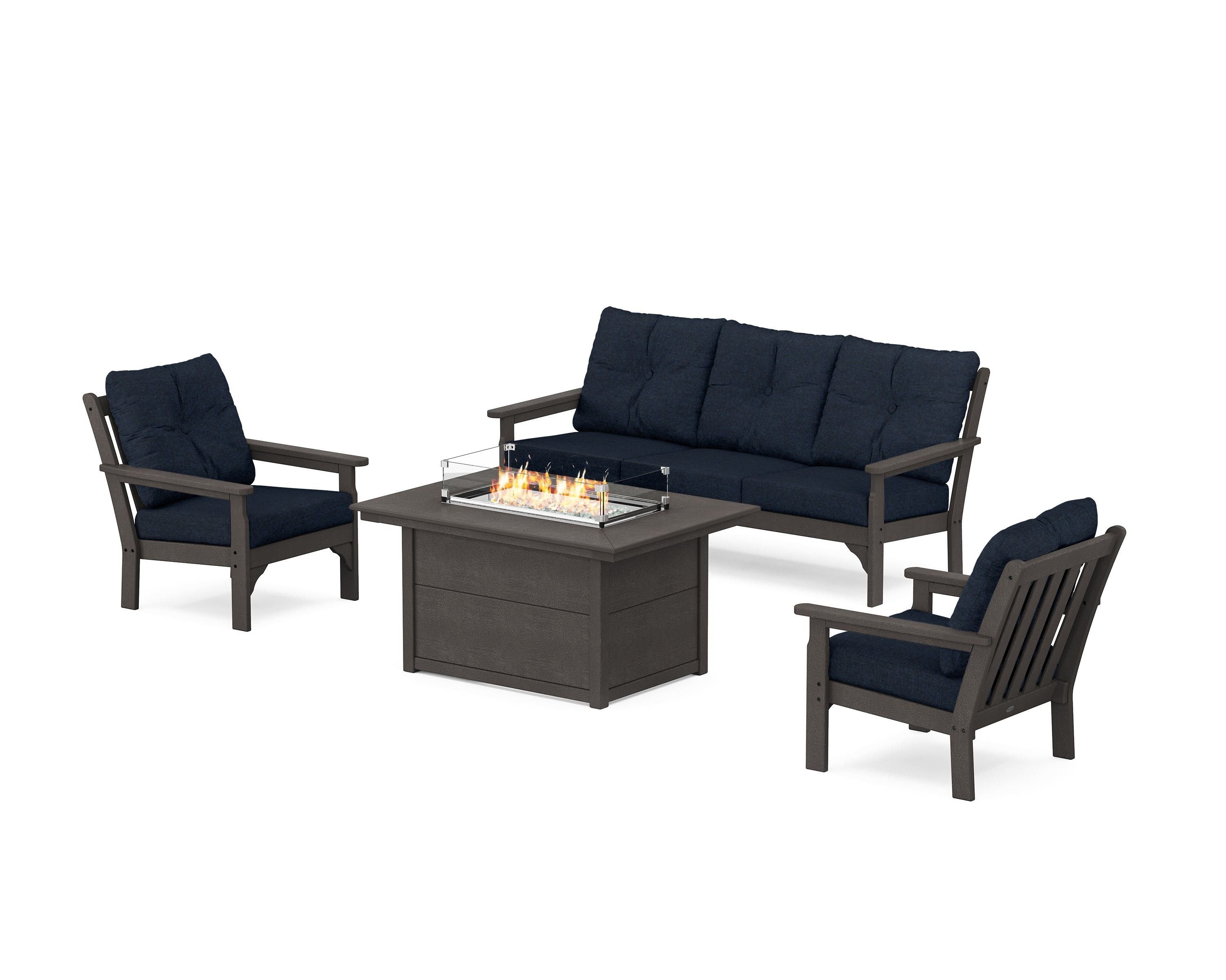 POLYWOOD Vineyard Deep Seating Fire Pit Table Set in Vintage Coffee / Marine Indigo