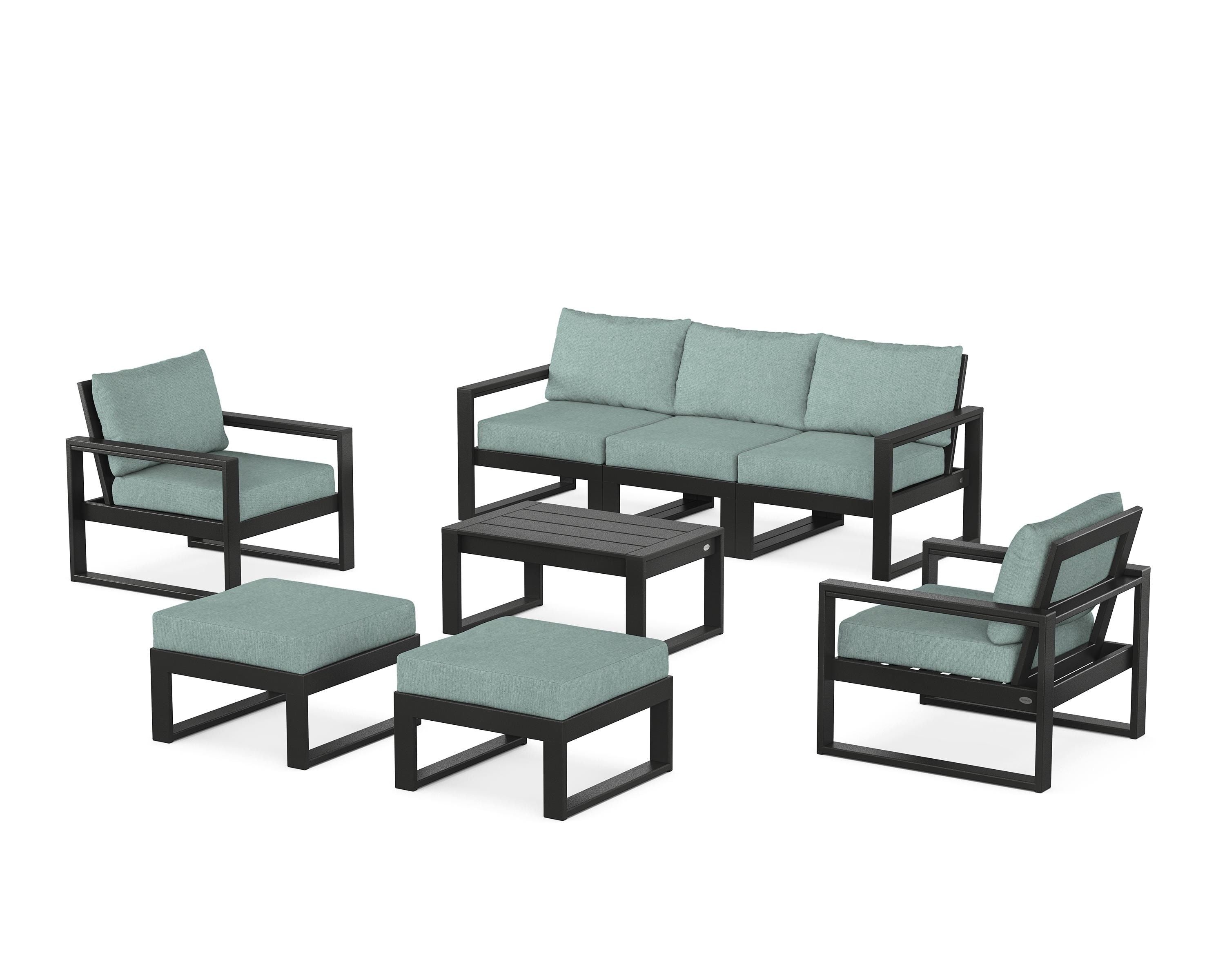 POLYWOOD EDGE Sectional 8-Piece Lounge Sofa Set in Black / Glacier Spa