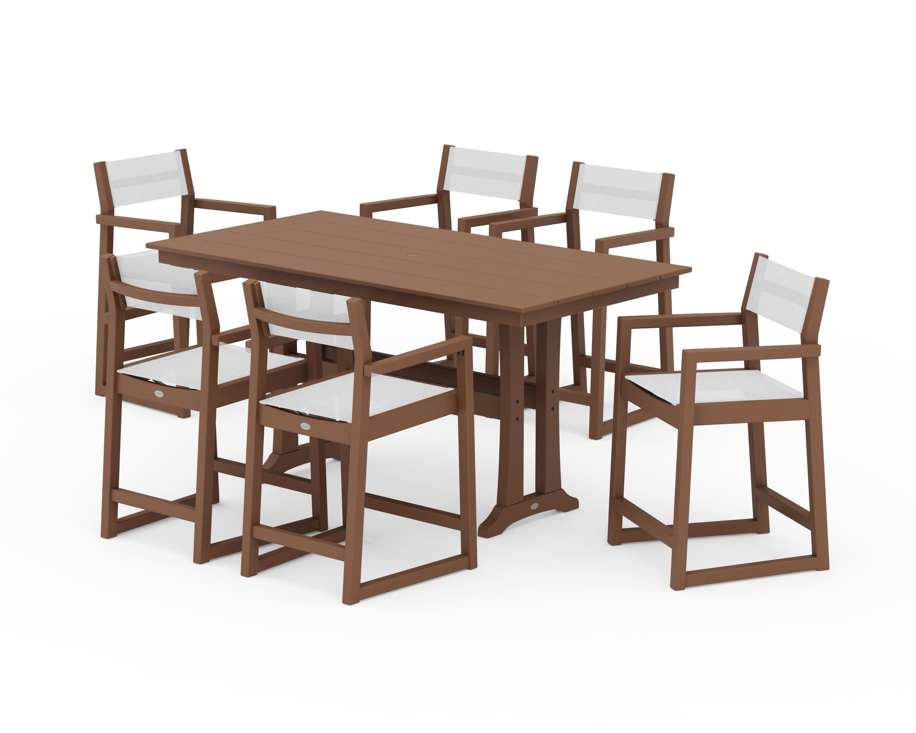 POLYWOOD EDGE Sling Arm Chair 7-Piece Farmhouse Counter Set with Trestle Legs in Teak / White Sling