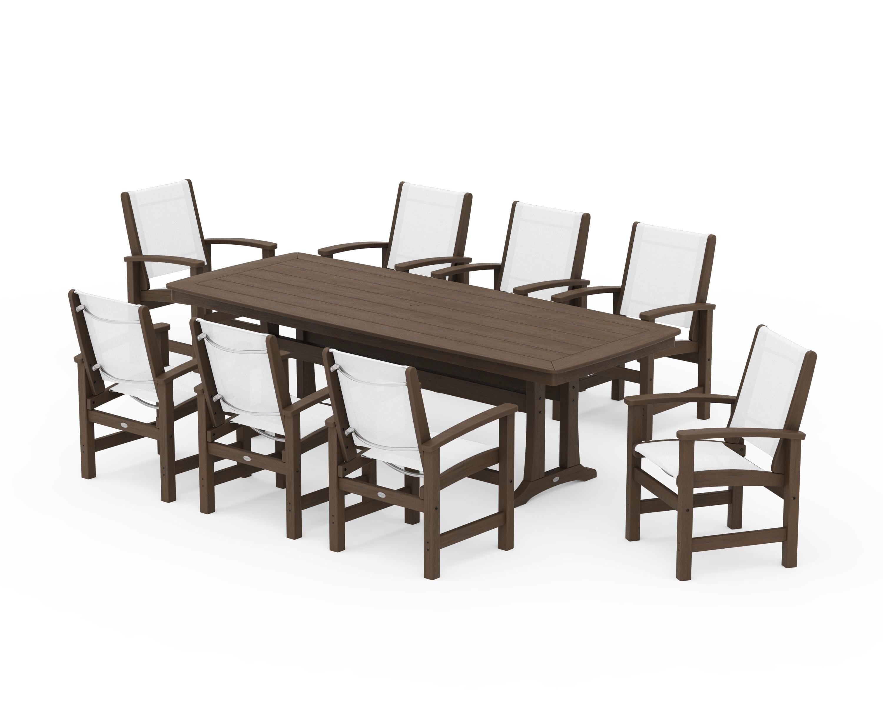 POLYWOOD Coastal 9-Piece Dining Set with Trestle Legs in Kona / White Sling