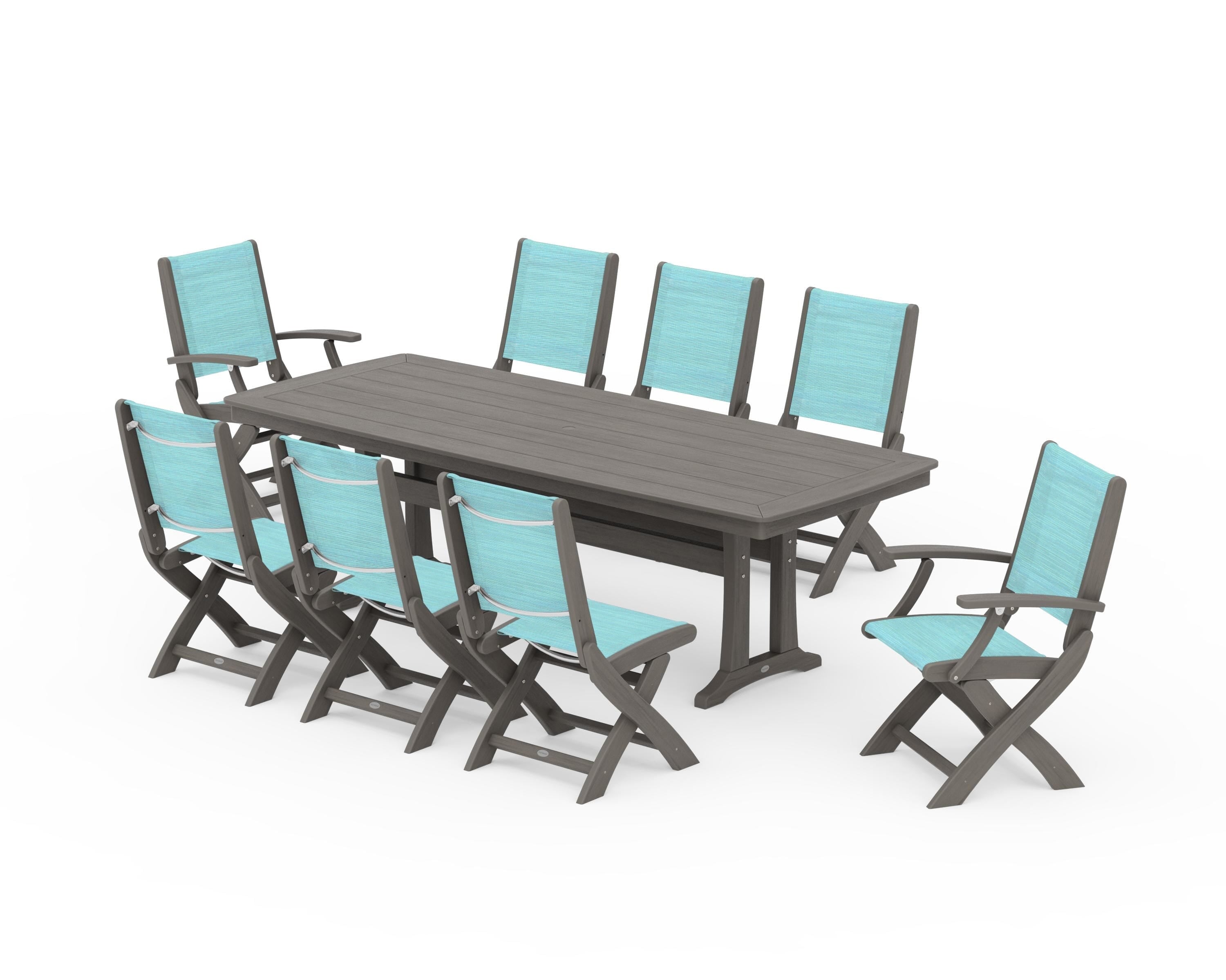 POLYWOOD Coastal Folding 9-Piece Dining Set with Trestle Legs in Driftwood / Dupioni Aquamarine Sling