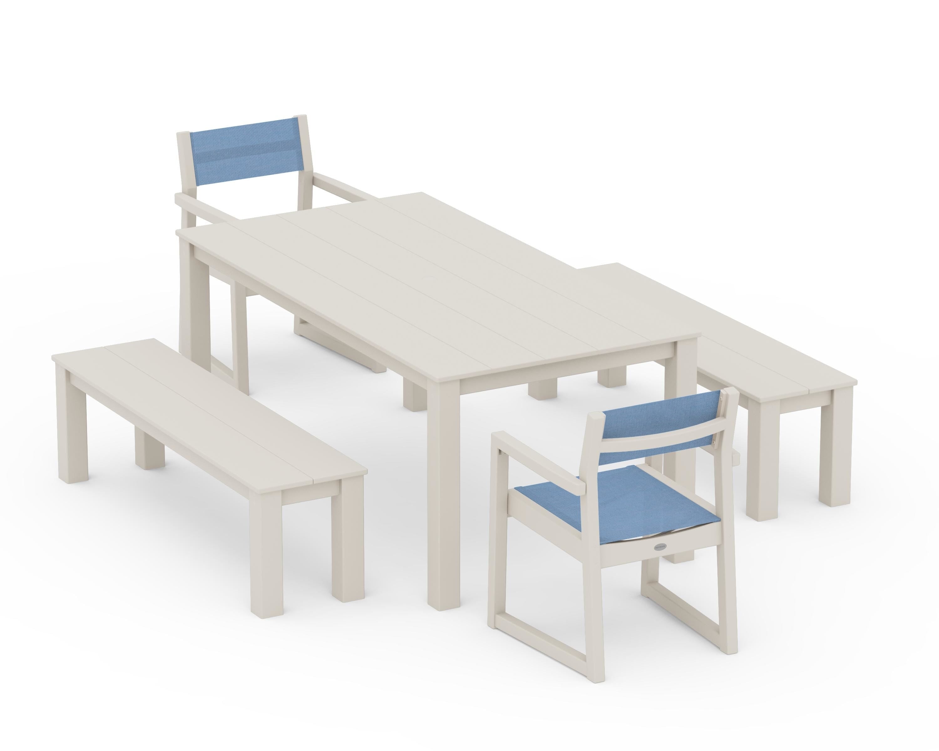 POLYWOOD EDGE Sling Arm Chair 5-Piece Parsons Dining Set with Benches in Sand / Poolside Sling