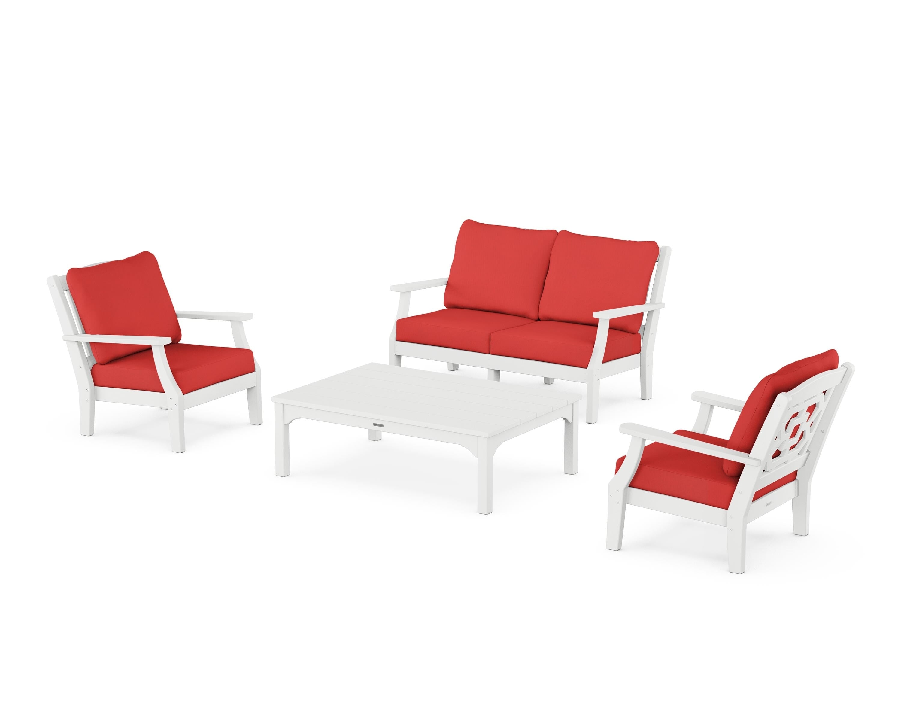 Martha Stewart by POLYWOOD Chinoiserie 4-Piece Deep Seating Set with Loveseat in White / Crimson Linen