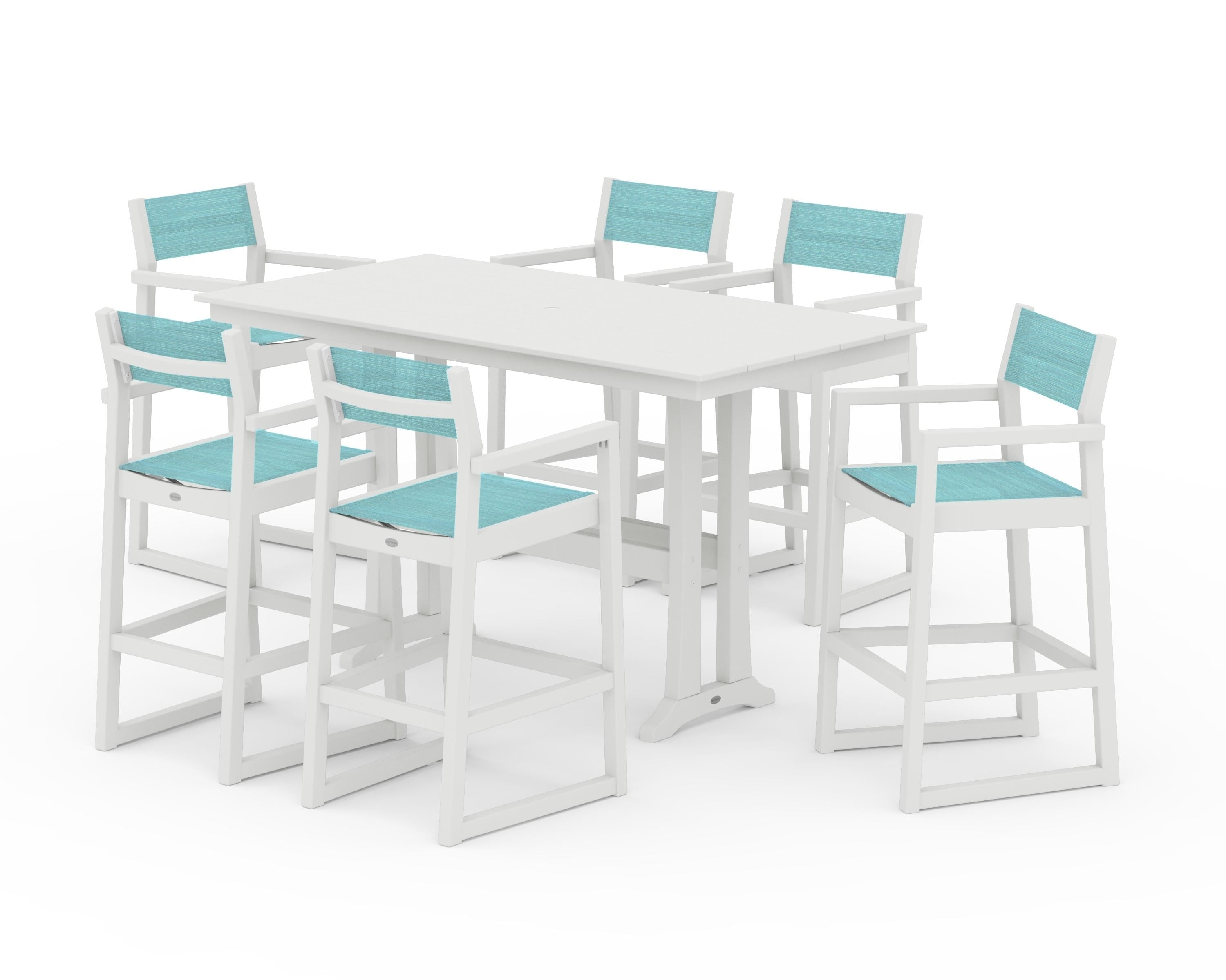 POLYWOOD EDGE Sling Arm Chair 7-Piece Farmhouse Bar Set with Trestle Legs in Vintage White / Dupioni Aquamarine Sling