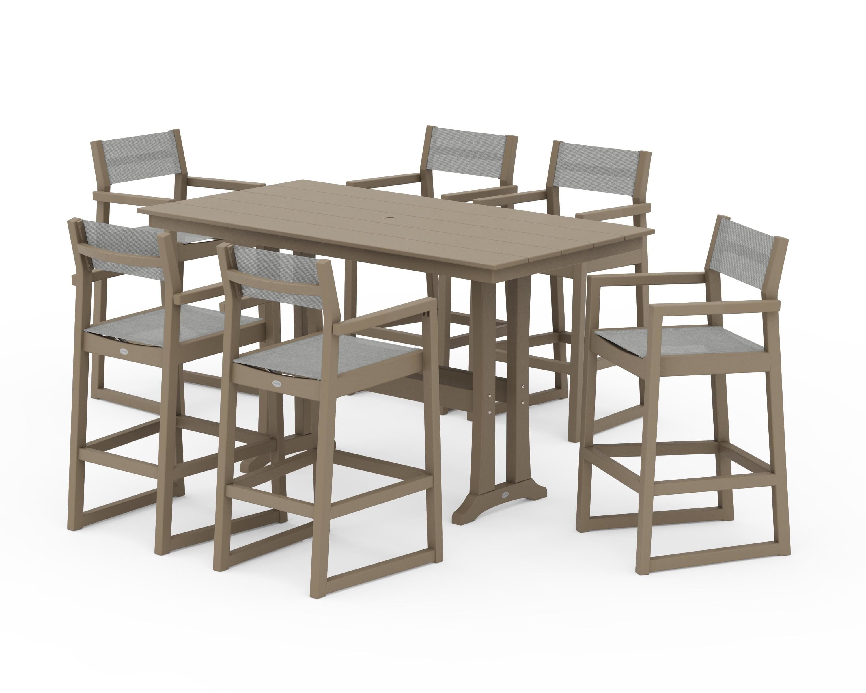 POLYWOOD EDGE Sling Arm Chair 7-Piece Farmhouse Bar Set with Trestle Legs in Vintage Sahara / Metallic Sling