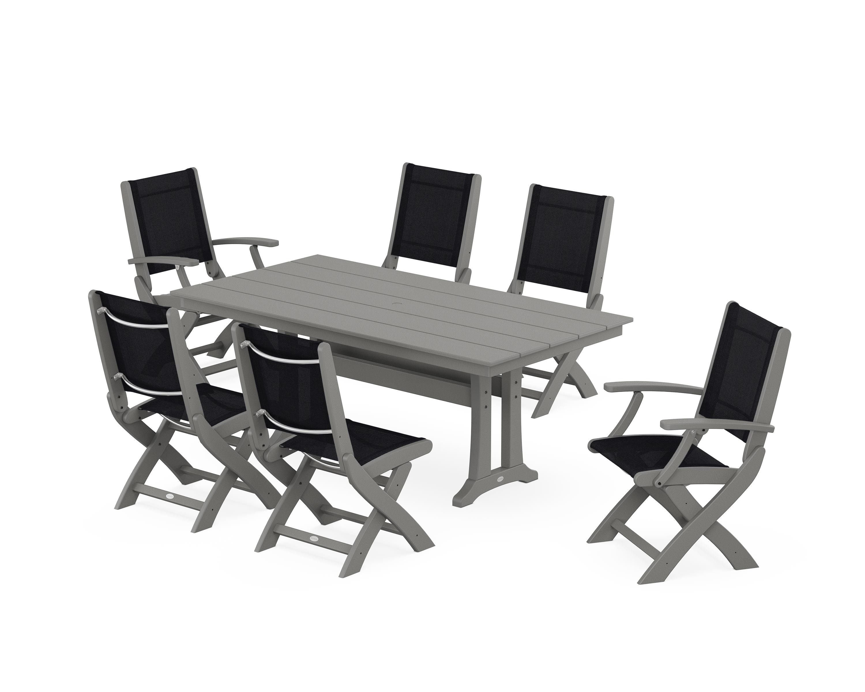 POLYWOOD Coastal Folding Chair 7-Piece Farmhouse Dining Set with Trestle Legs in Slate Grey / Black Sling