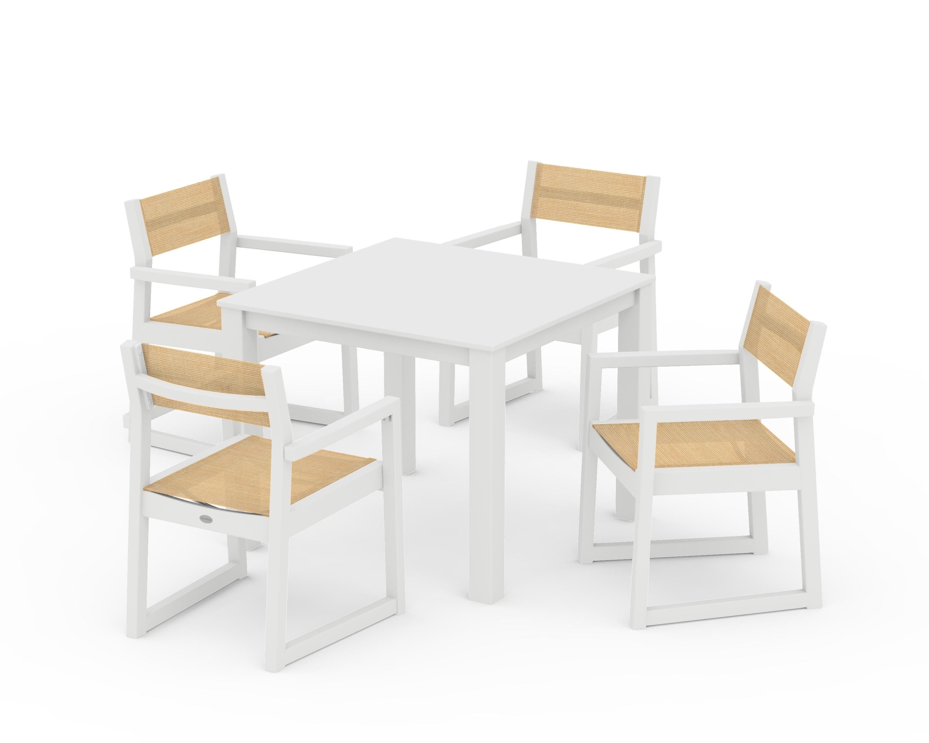 POLYWOOD EDGE Sling Arm Chair 5-Piece Parsons Dining Set in White / Dupioni Apricot Sling