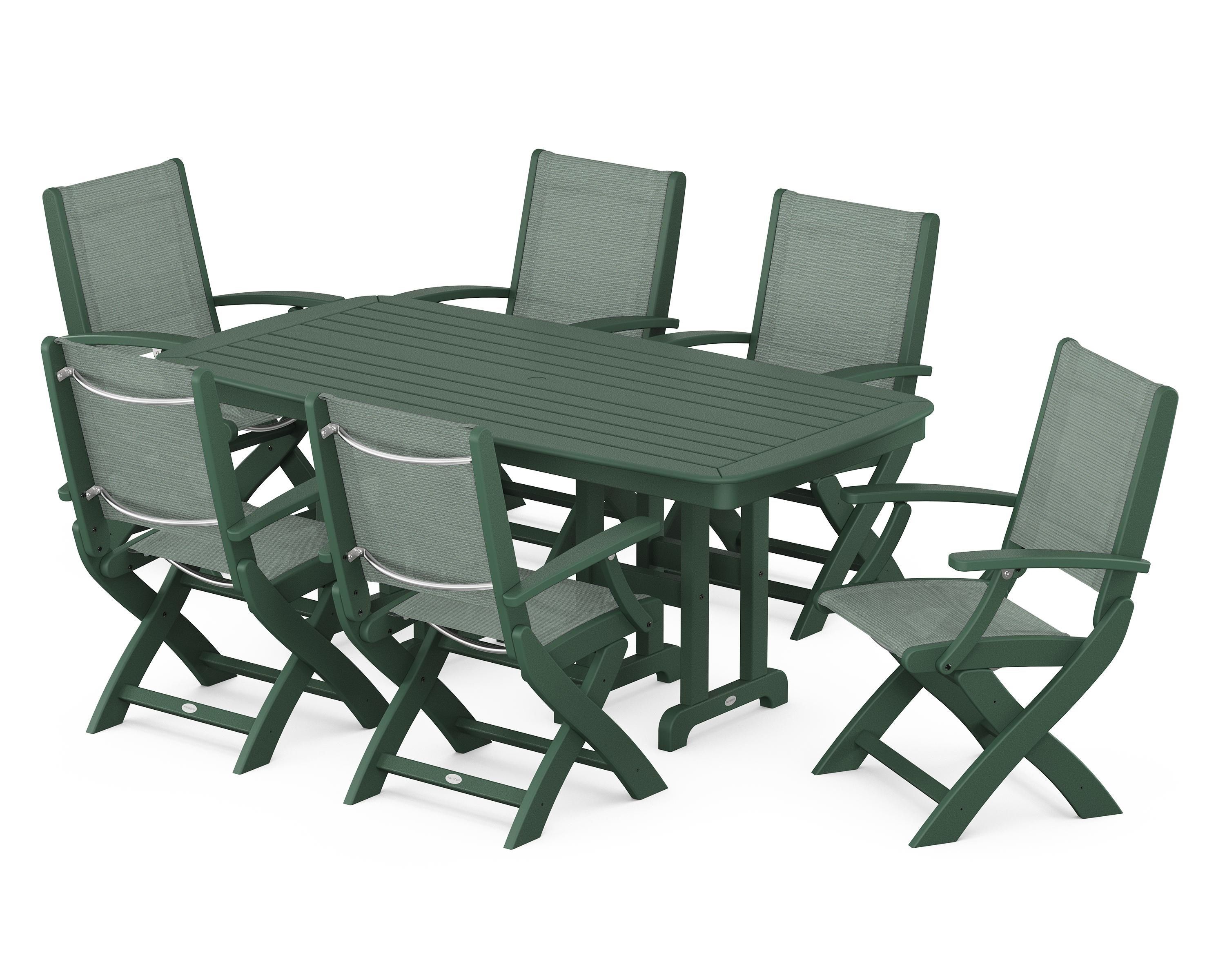 POLYWOOD Coastal Folding Arm Chair 7-Piece Dining Set in Green / Dupioni Sea Mist Sling