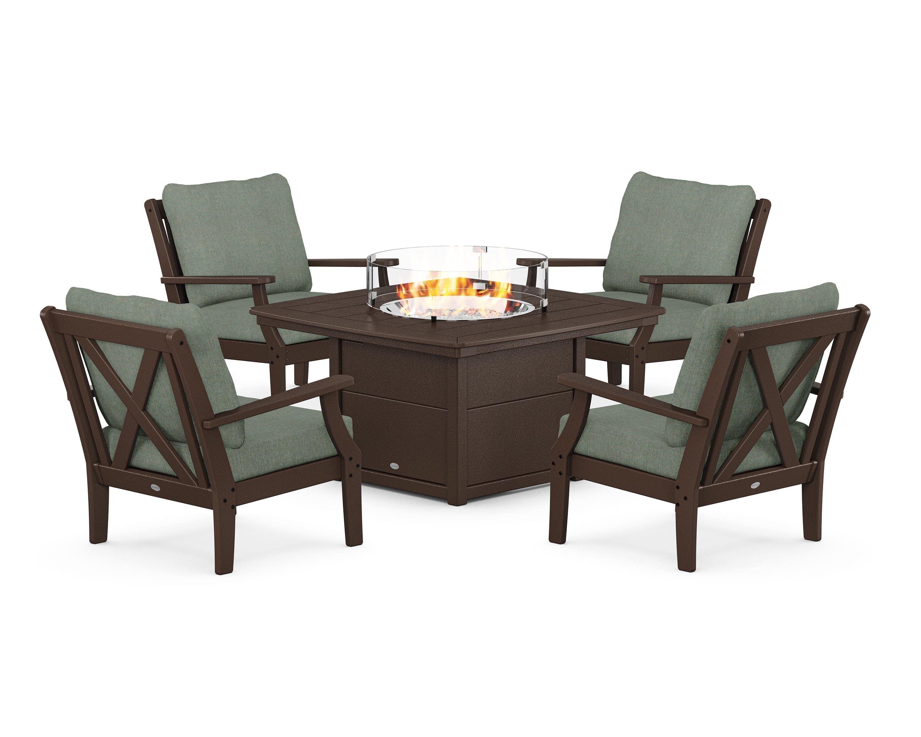 POLYWOOD Braxton 5-Piece Deep Seating Conversation Set with Fire Pit Table in Mahogany / Cast Sage