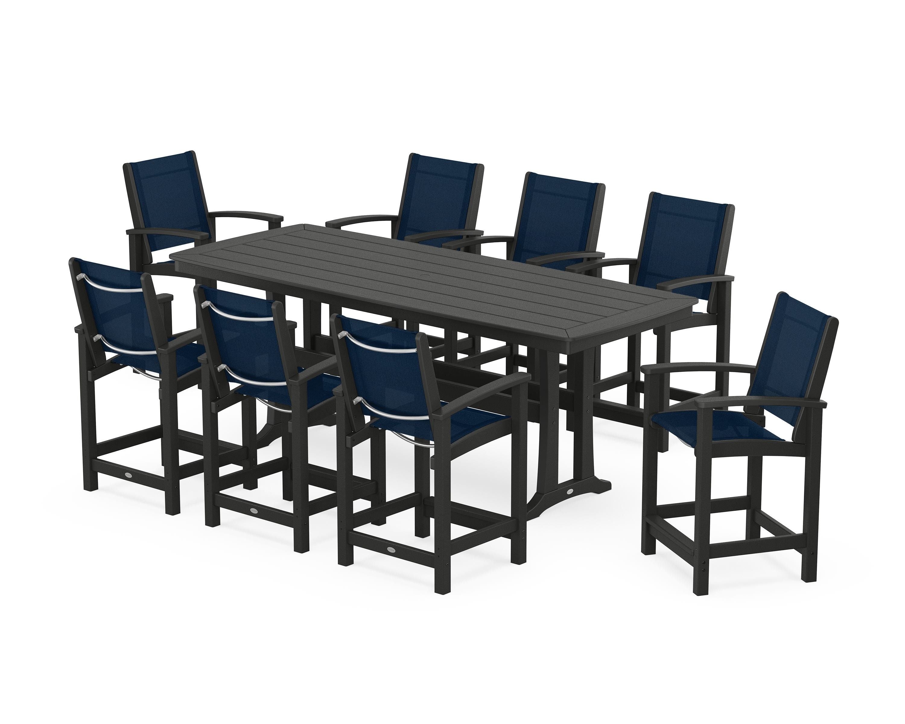 POLYWOOD Coastal 9-Piece Counter Set with Trestle Legs in Black / Navy Blue Sling