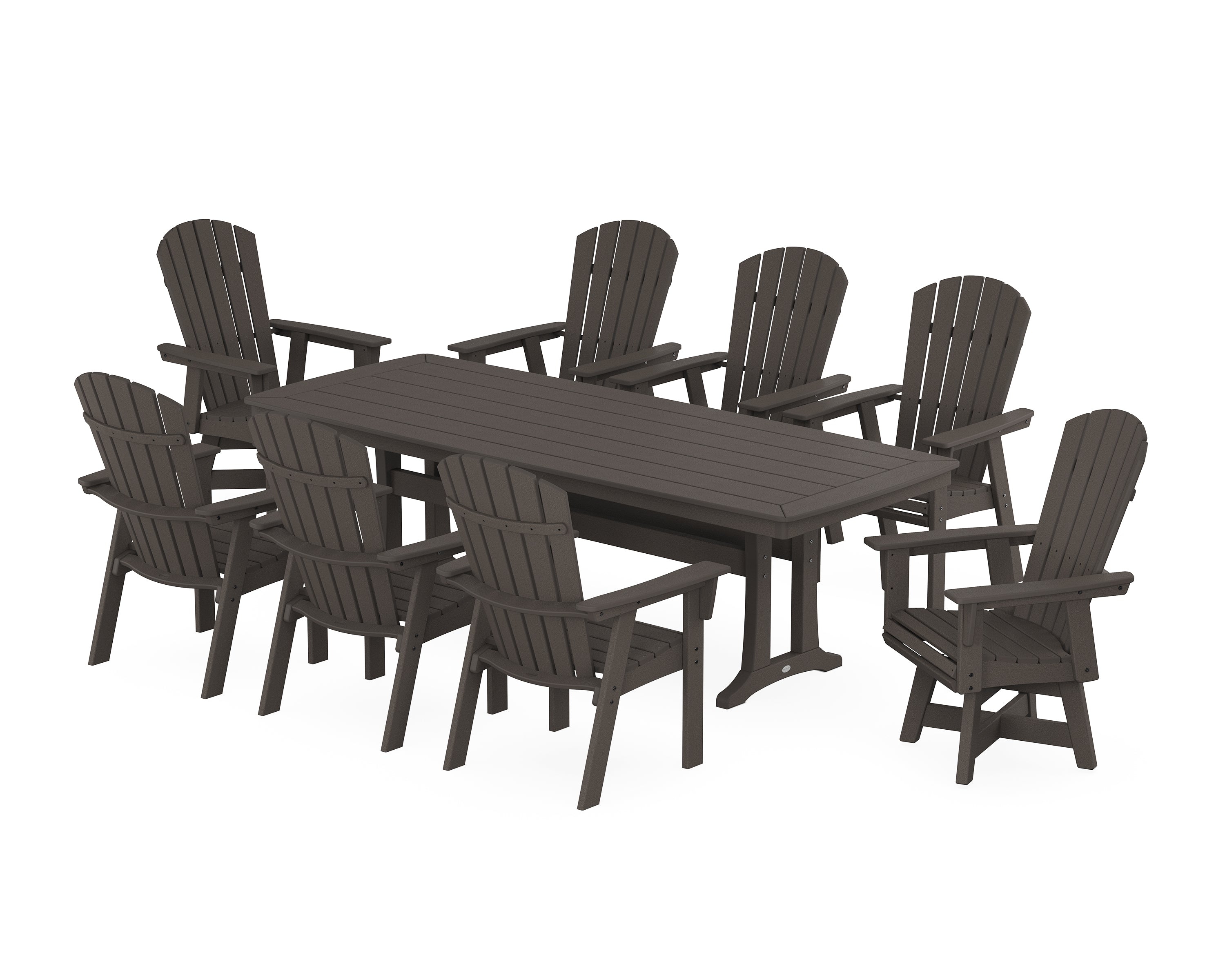 POLYWOOD® Nautical Curveback Adirondack Swivel 9-Piece Dining Set with Trestle Legs in Vintage Coffee