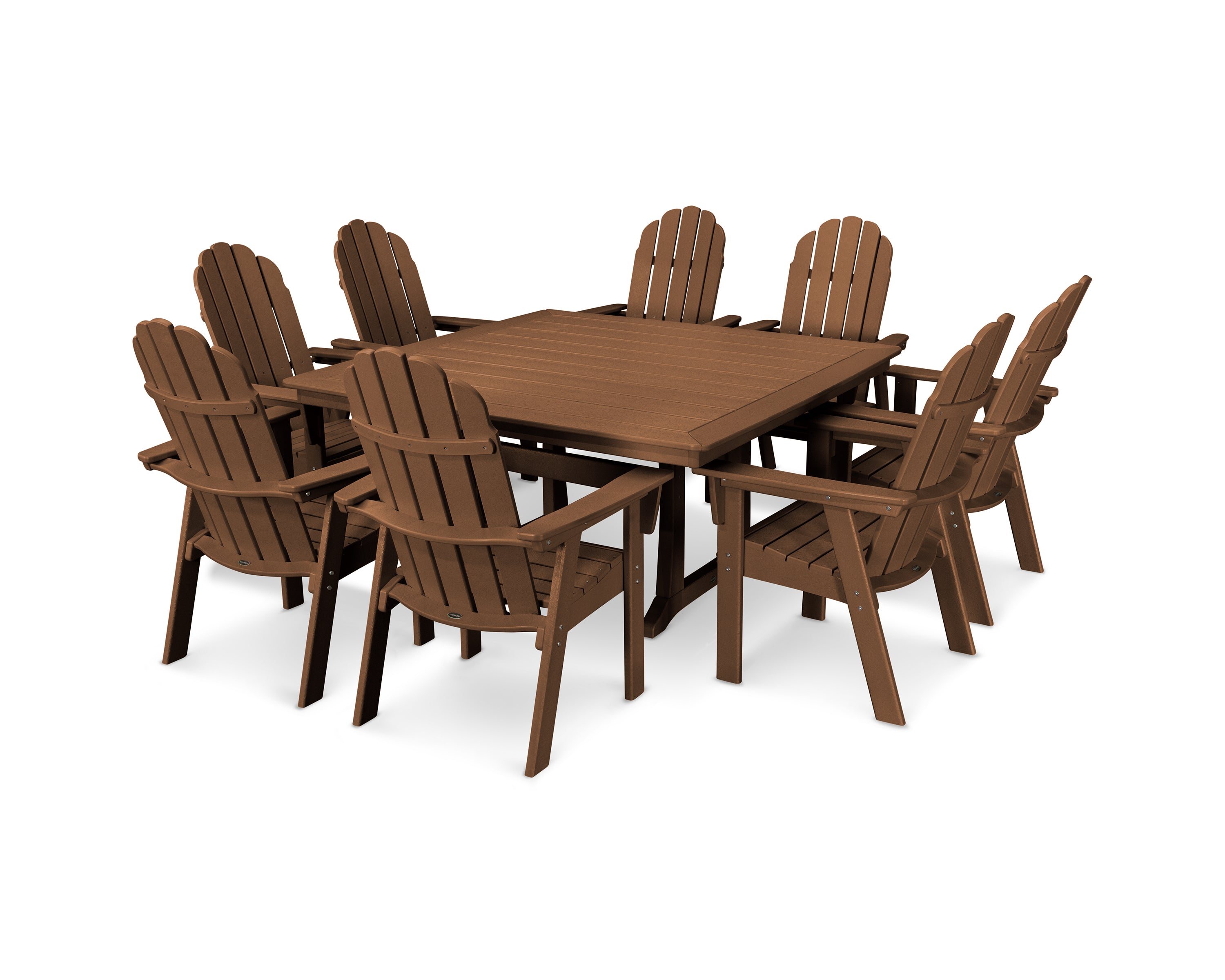 POLYWOOD® Vineyard Curveback Adirondack 9-Piece Nautical Trestle Dining Set in Teak