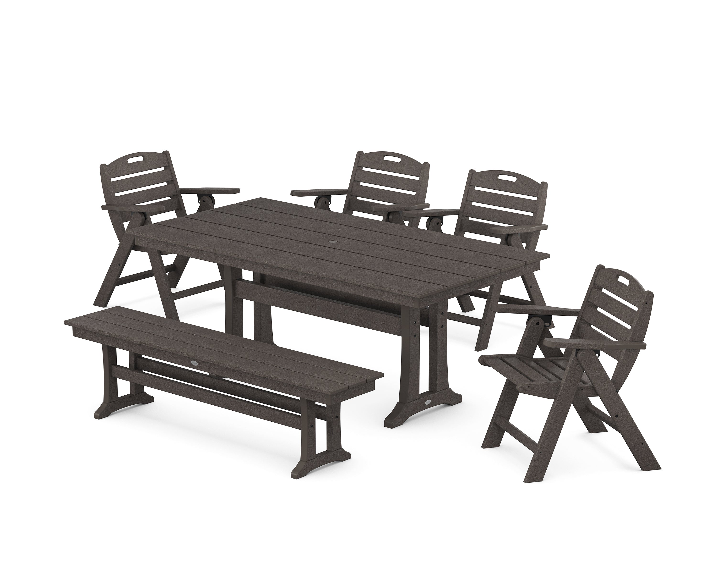 POLYWOOD Nautical Lowback 6-Piece Farmhouse Dining Set with Trestle Legs and Bench in Vintage Coffee