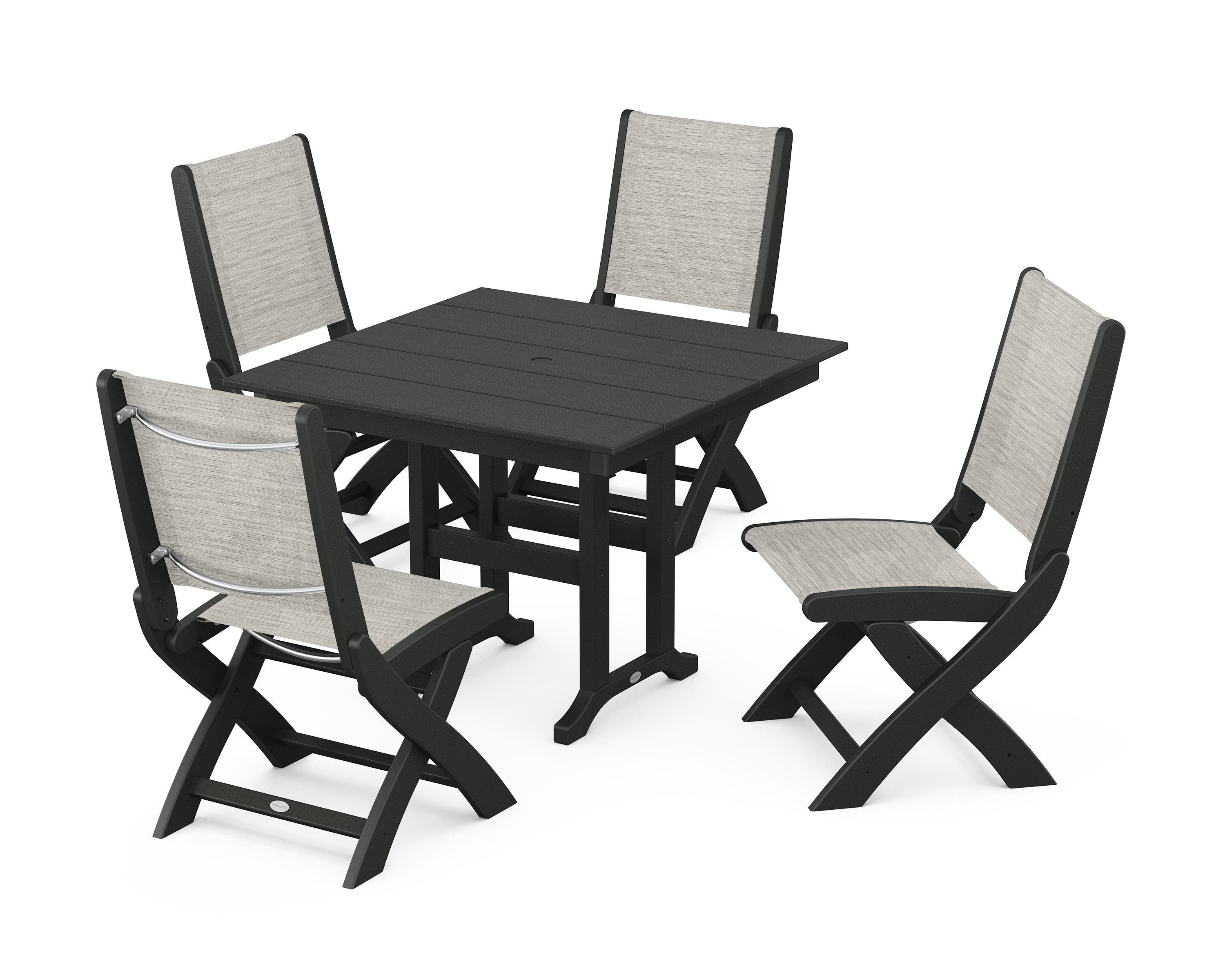 POLYWOOD Coastal Folding Side Chair 5-Piece Farmhouse Dining Set in Black / Birch Sling