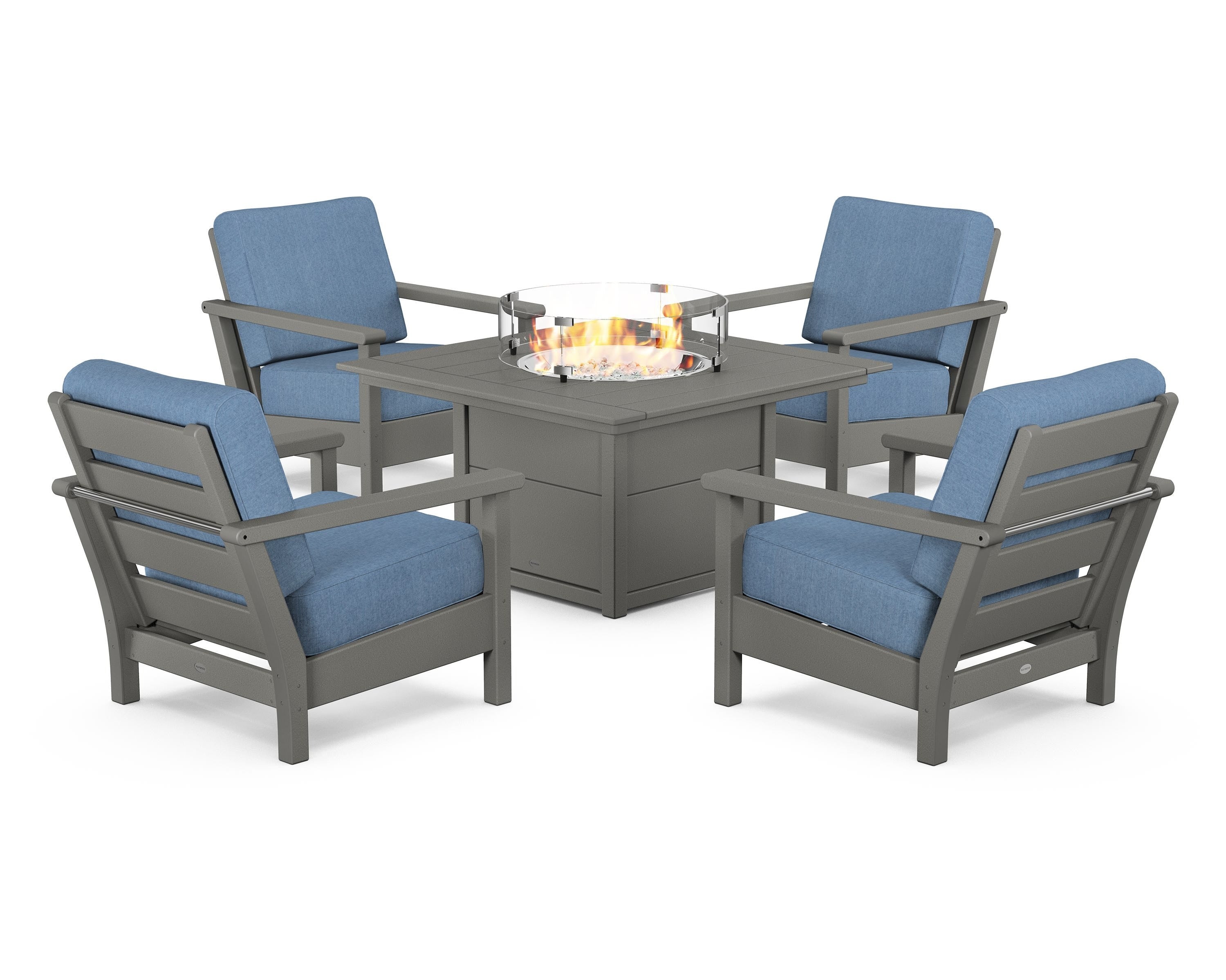 POLYWOOD Harbour 5-Piece Conversation Set with Fire Pit Table in Slate Grey / Sky Blue