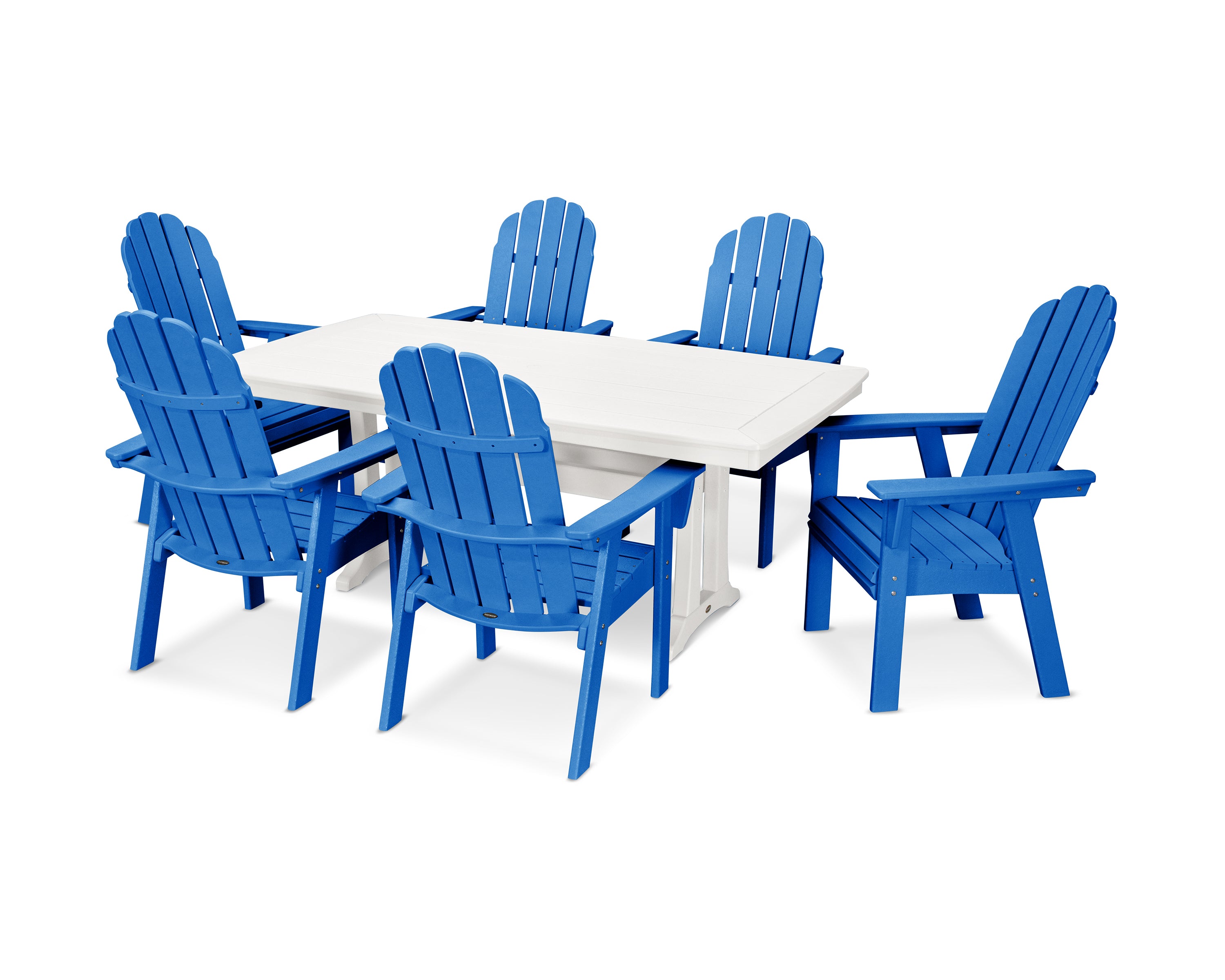 POLYWOOD® Vineyard Curveback Adirondack 7-Piece Dining Set with Trestle Legs in Pacific Blue / White