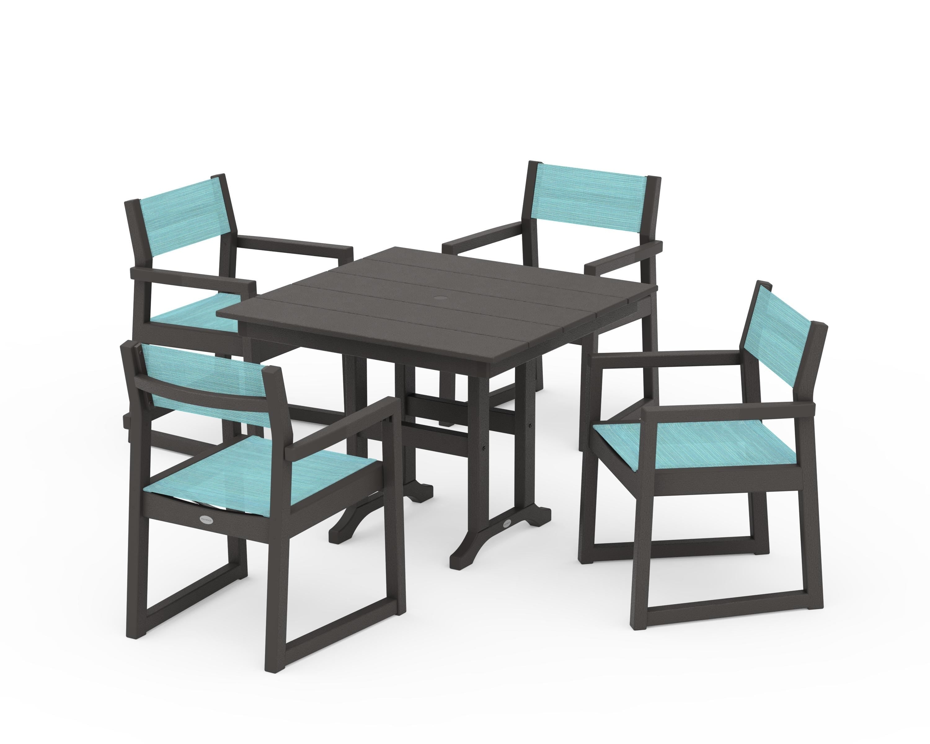 POLYWOOD EDGE Sling Arm Chair 5-Piece Farmhouse Dining Set in Vintage Coffee / Dupioni Aquamarine Sling