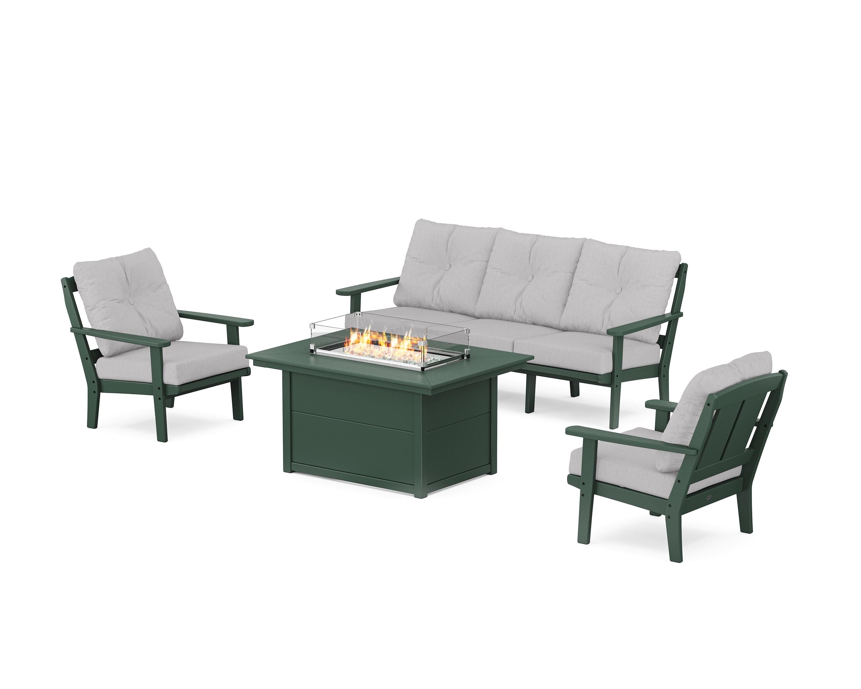 POLYWOOD Mission Deep Seating Fire Pit Table Set in Green / Granite