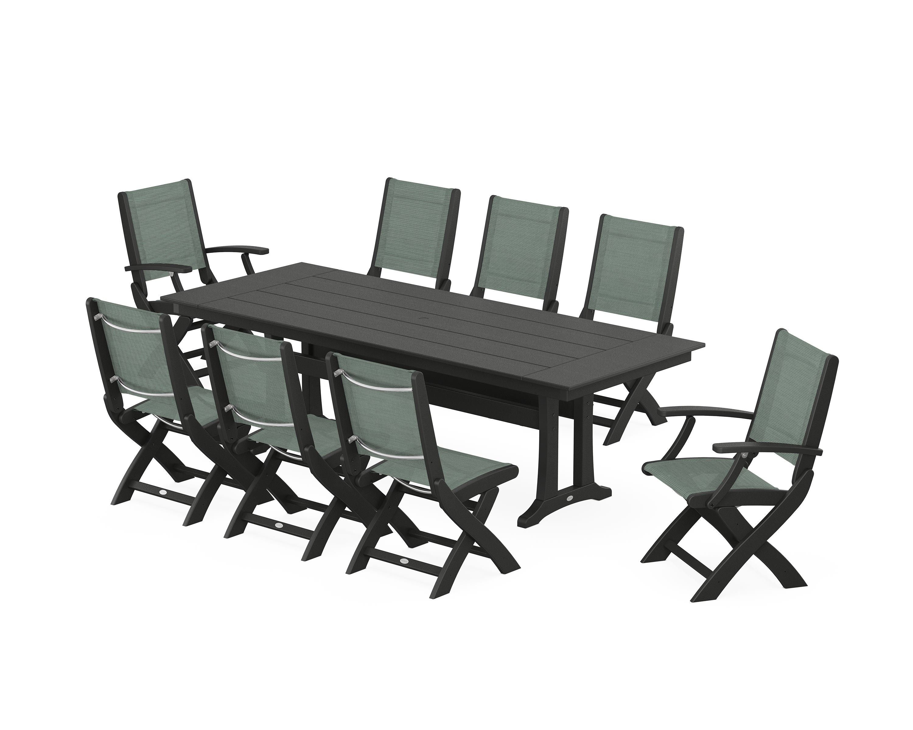POLYWOOD Coastal 9-Piece Folding Dining Chair Farmhouse Dining Set with Trestle Legs in Black / Dupioni Sea Mist Sling