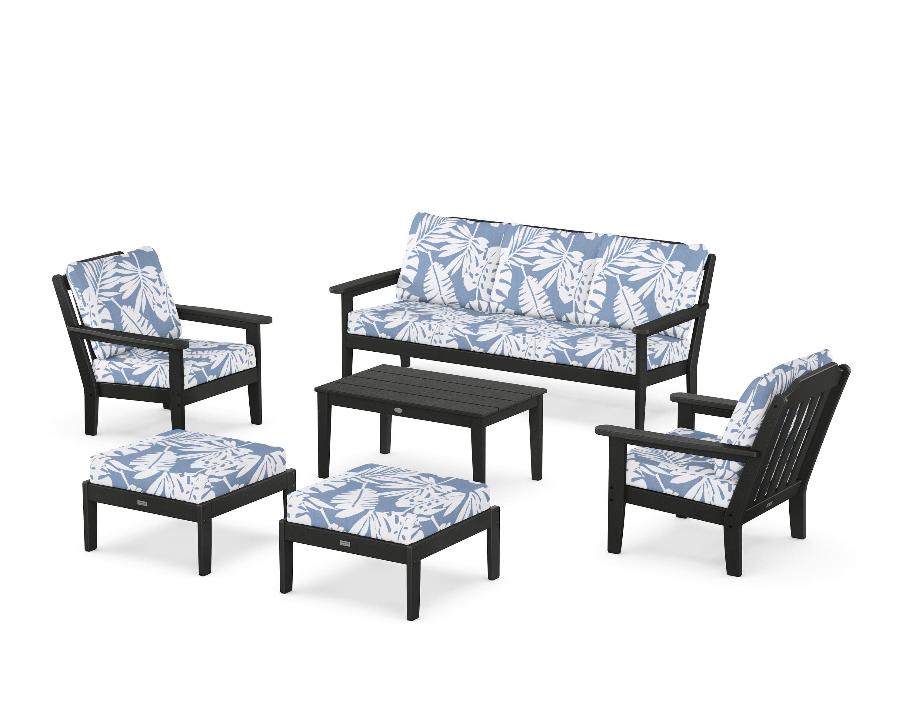 Country Living Cottage 6-Piece Lounge Sofa Set in Black / Leaf Sky Blue