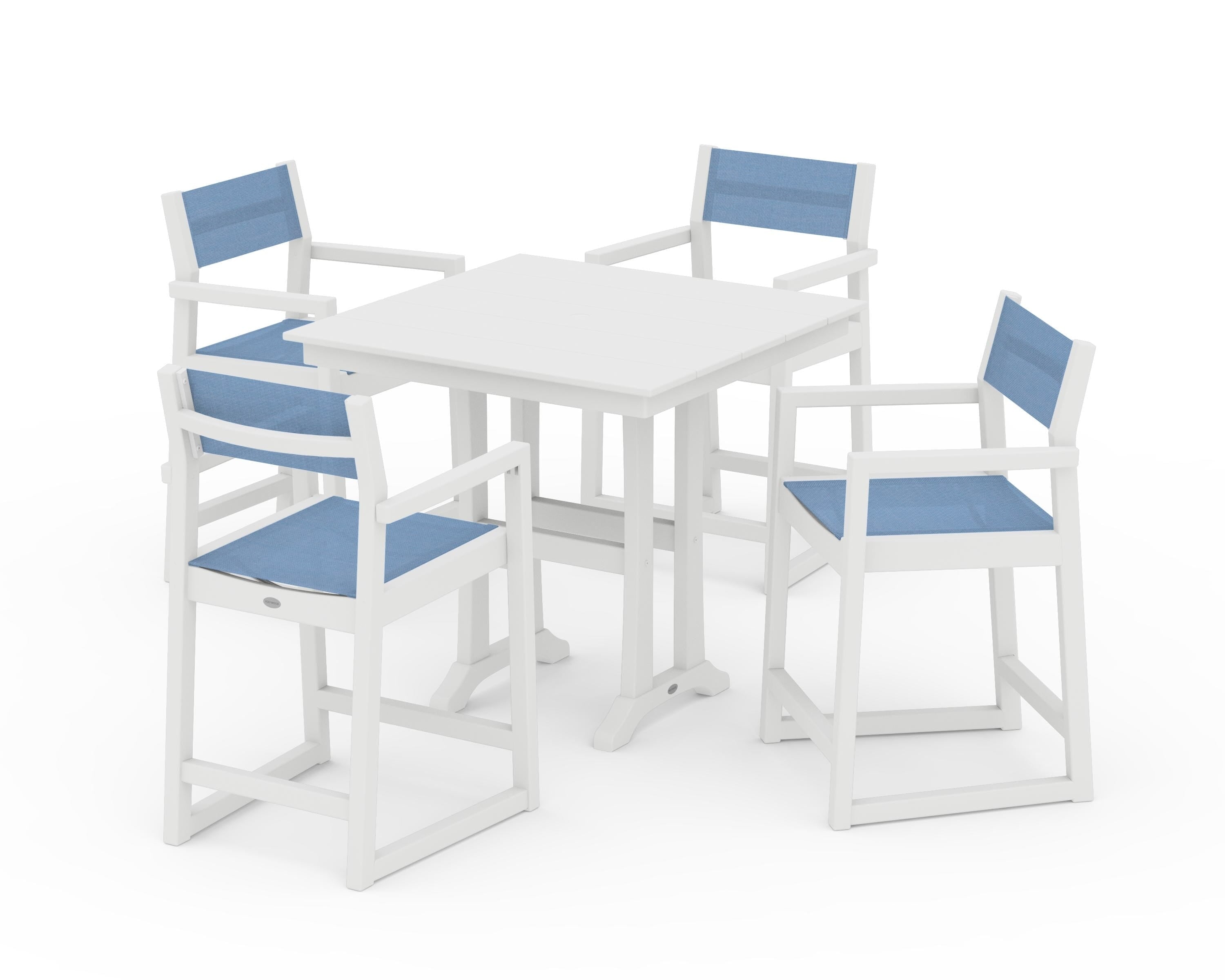 POLYWOOD EDGE Sling Arm Chair 5-Piece Farmhouse Counter Set with Trestle Legs in White / Poolside Sling