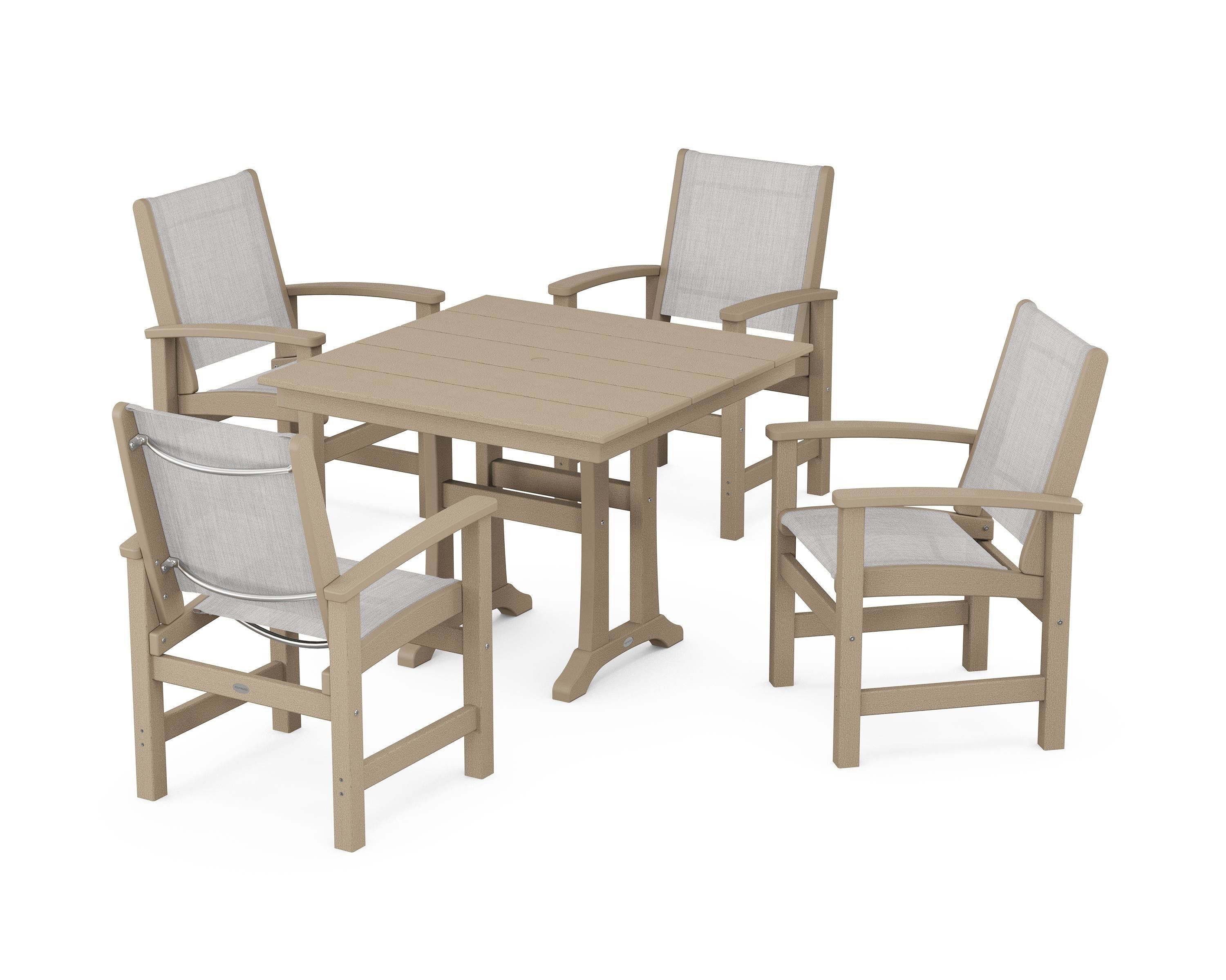 POLYWOOD Coastal 5-Piece Farmhouse Dining Set With Trestle Legs in Vintage Sahara / Parchment Sling