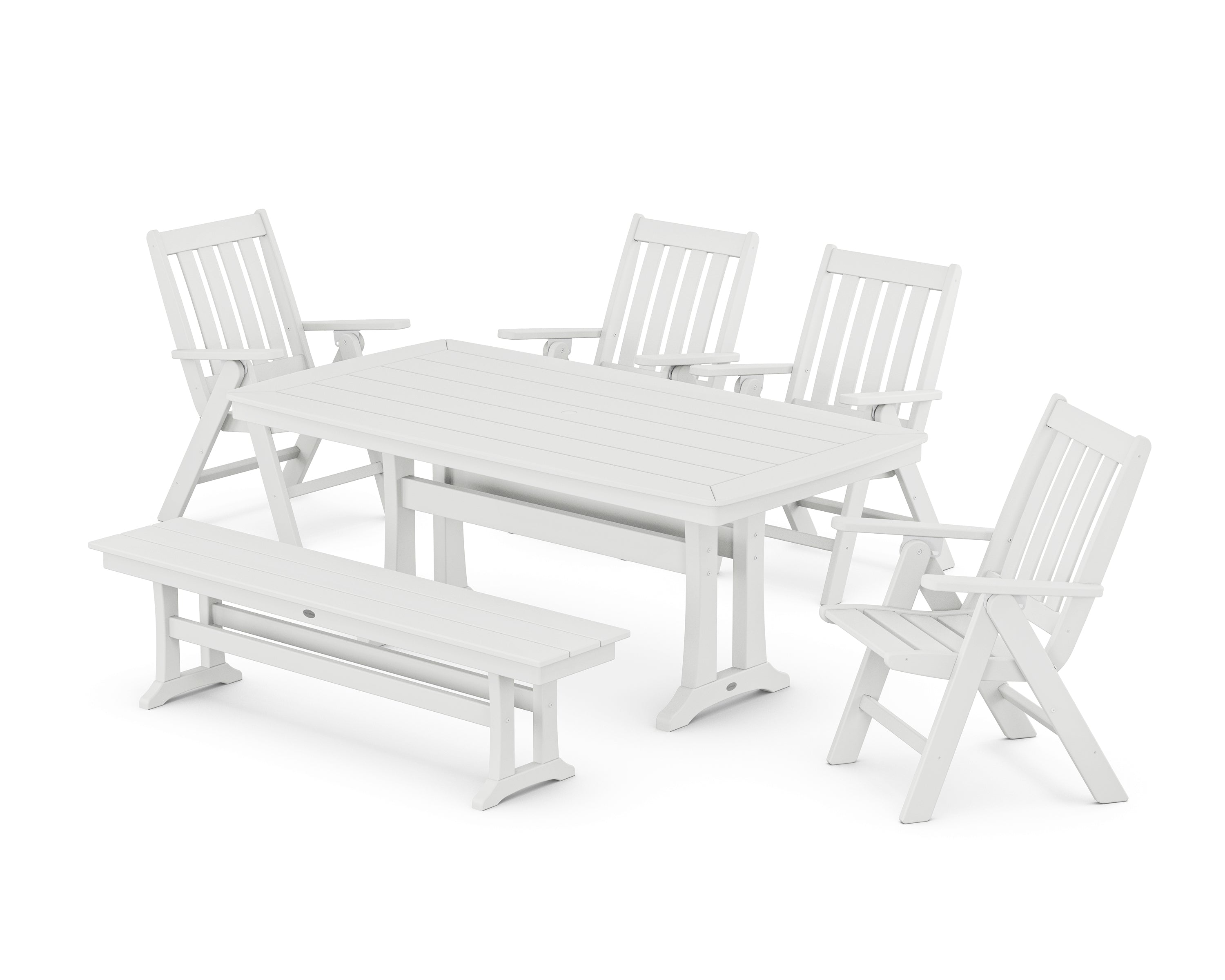 POLYWOOD Vineyard Folding Chair 6-Piece Dining Set with Trestle Legs and Bench in White
