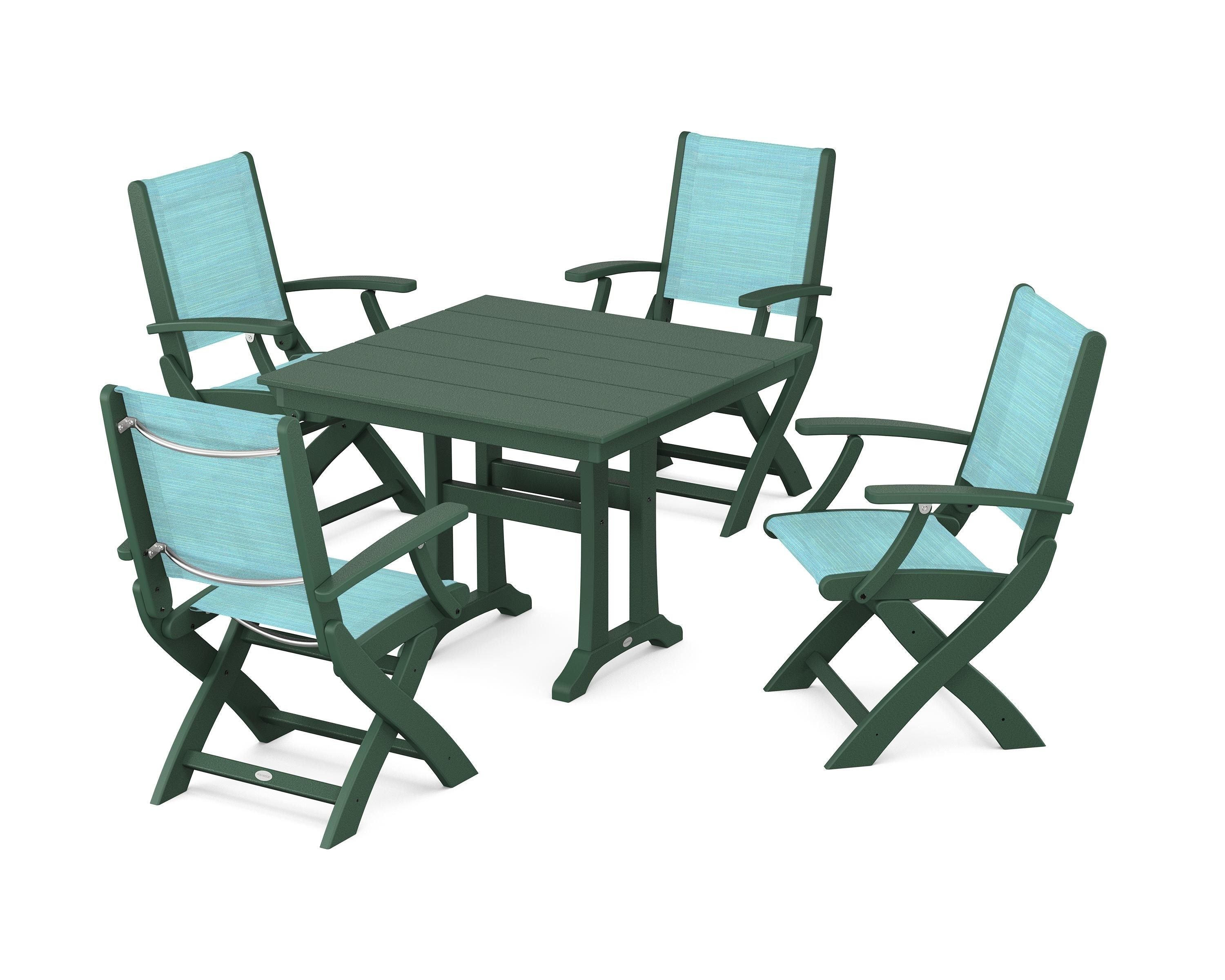 POLYWOOD Coastal Folding Chair 5-Piece Farmhouse Dining Set With Trestle Legs in Green / Dupioni Aquamarine Sling