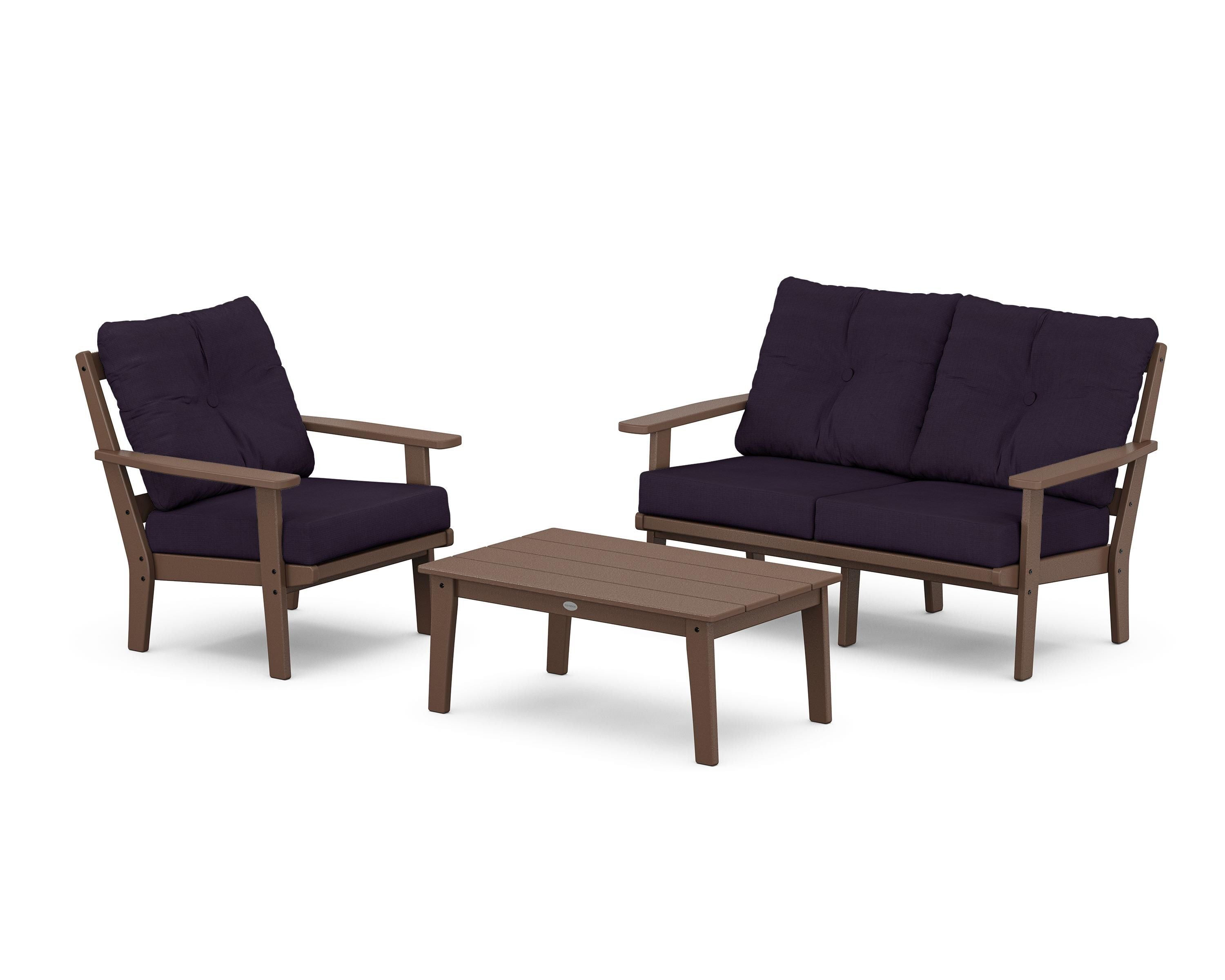 POLYWOOD Oxford 3-Piece Deep Seating Set with Loveseat in Mahogany / Navy Linen