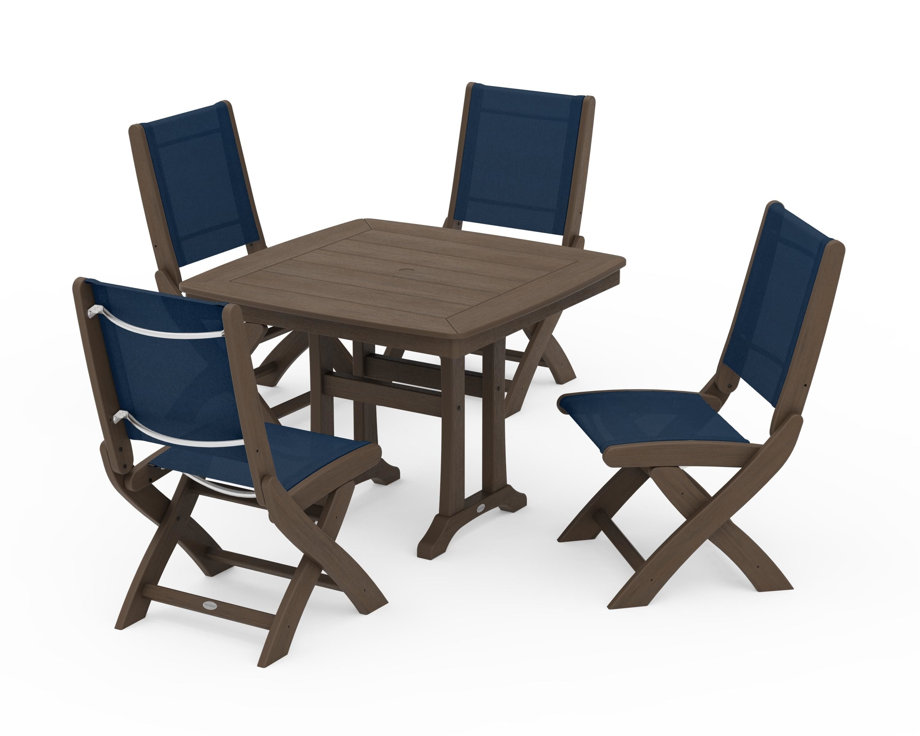POLYWOOD Coastal Folding Side Chair 5-Piece Dining Set with Trestle Legs in Kona / Navy Blue Sling